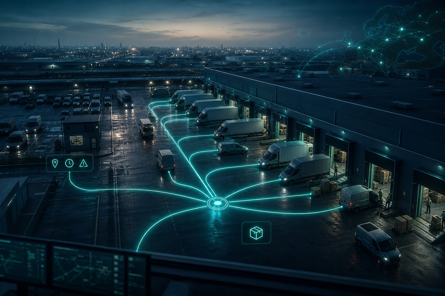 Laadperron met bestelbussen en samenkomende datastromen als beeld voor een e-commerce command center