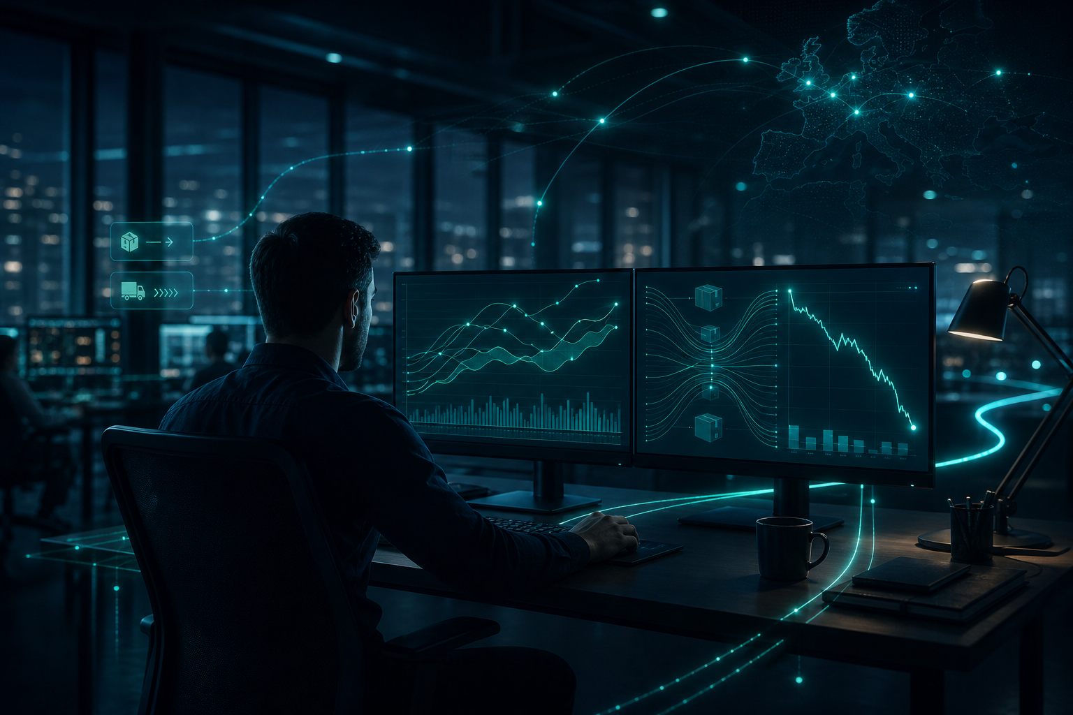 Operator bekijkt KPI dashboard met e-commerce metrics op meerdere schermen in een donker kantoor