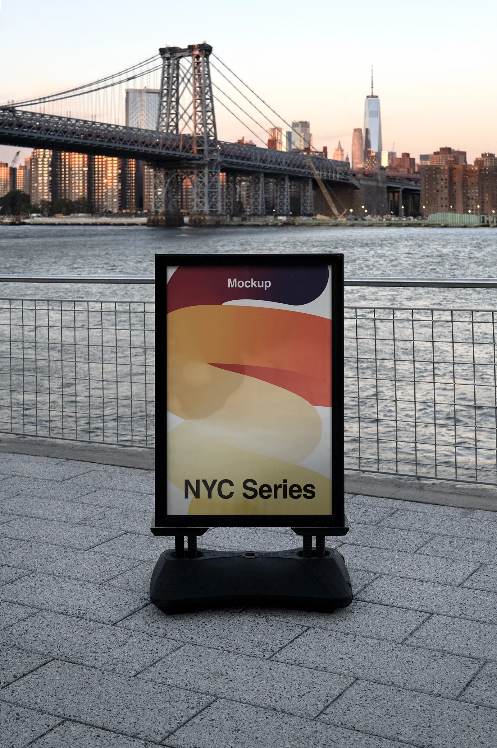 Poster mockup in Brooklyn, in front of Manhattan, New York, United States - billboard photoshop mockup for graphic design US23NY0304