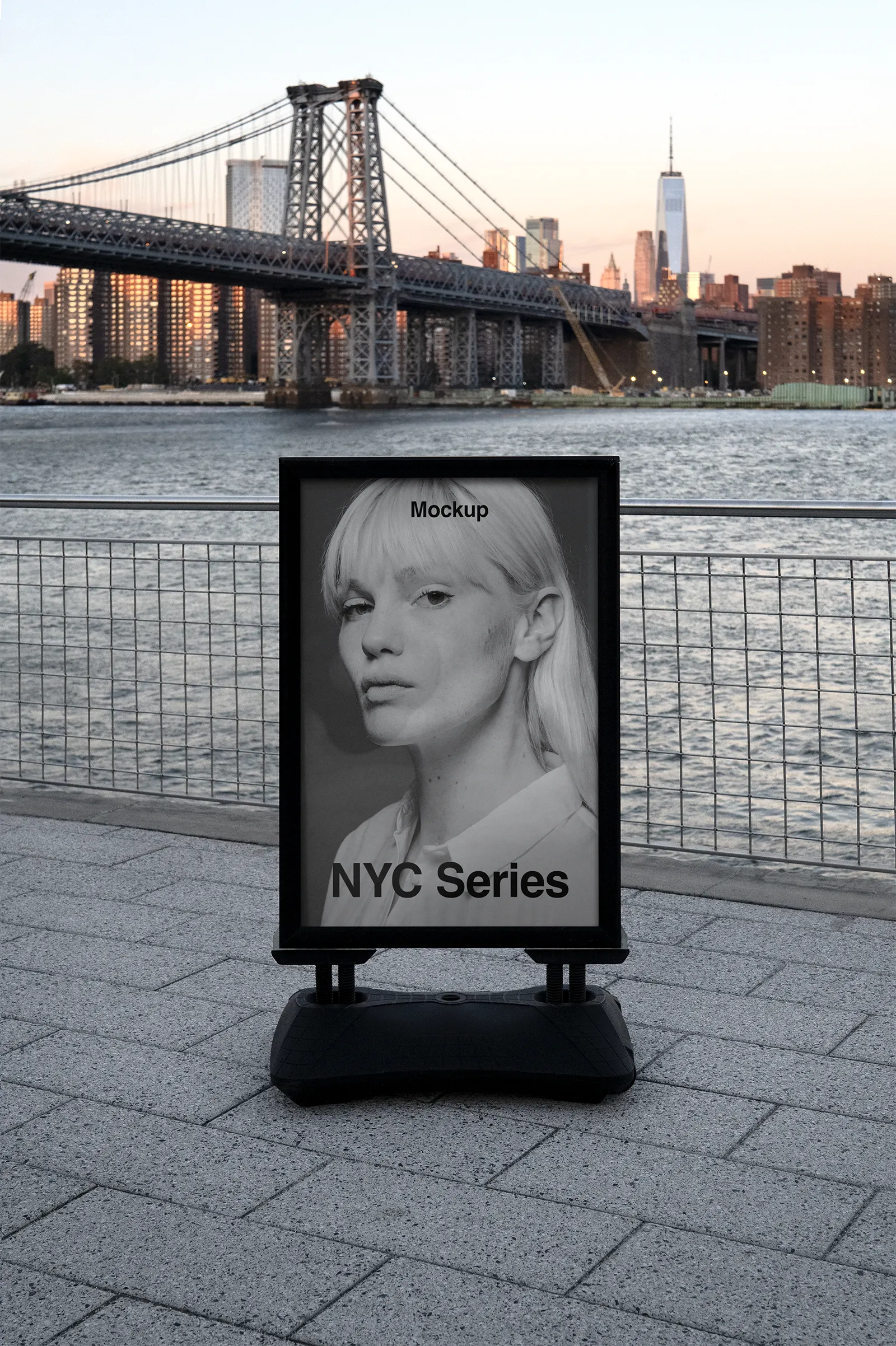 Poster mockup in Brooklyn, in front of Manhattan, New York, United States - billboard photoshop mockup for graphic design US23NY0304