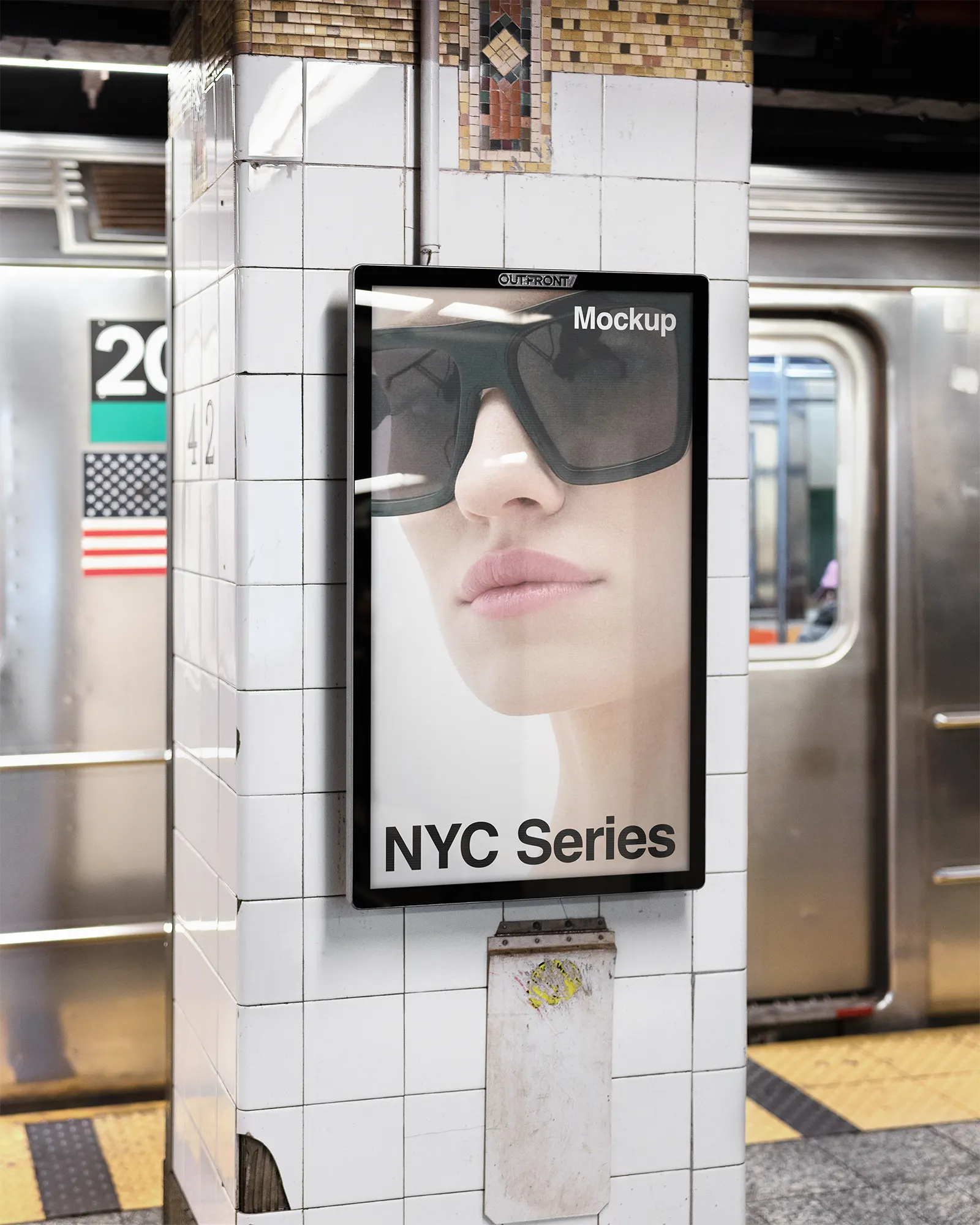 Digital poster billboard mockup in the subway, Manhattan, New York City, United States - NY underground screen photoshop mockup for graphic design US23NY1597