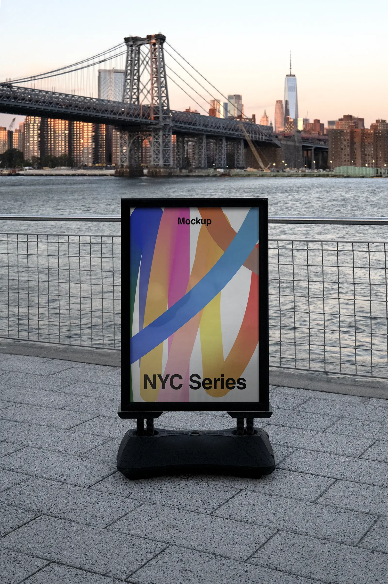 Poster mockup in Brooklyn, in front of Manhattan, New York, United States - billboard photoshop mockup for graphic design US23NY0304