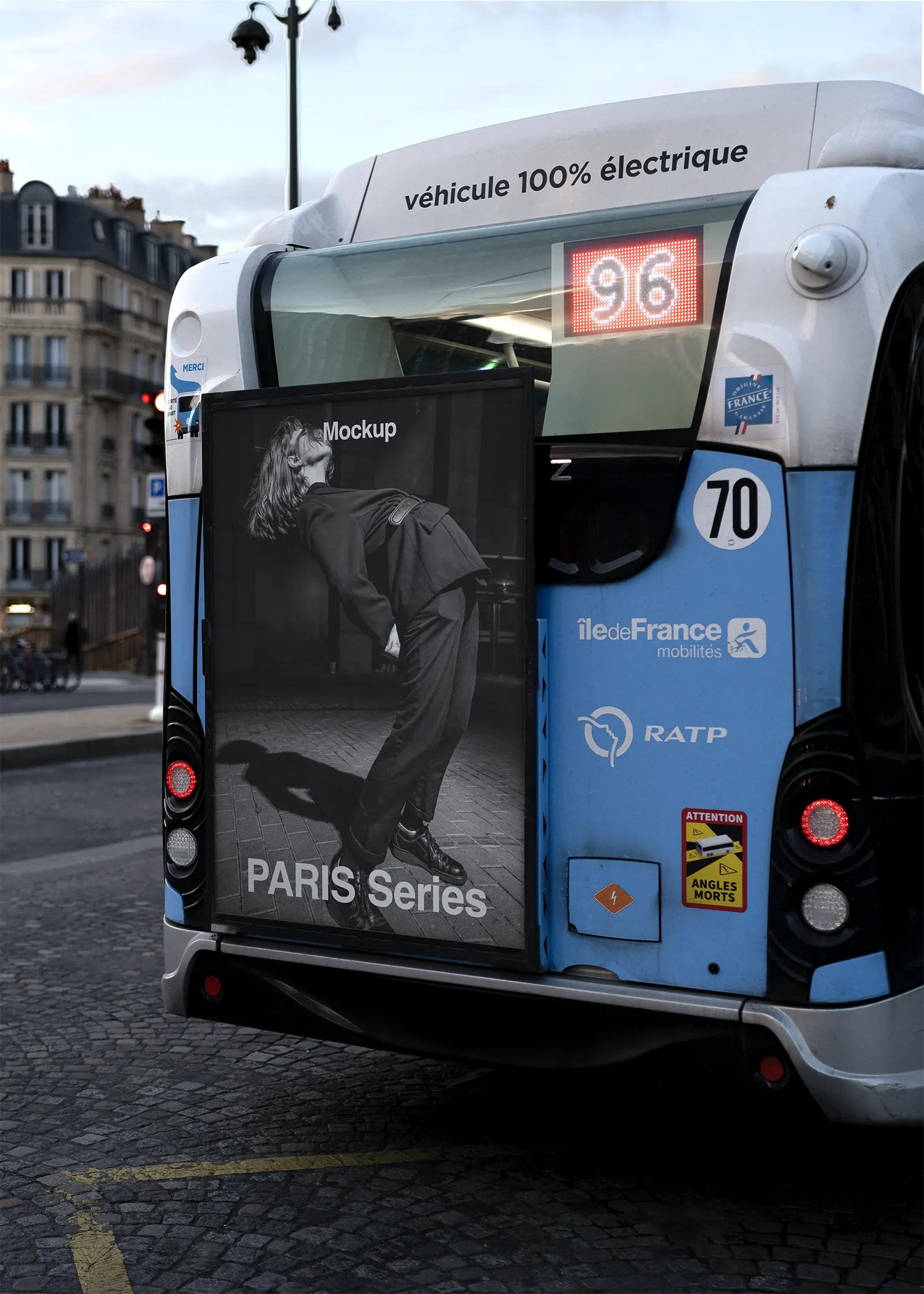 Billboard poster mockup on a bus at Gare Montparnasse train station at sunset, Paris, France - photoshop mockup for graphic design FR24PRS256