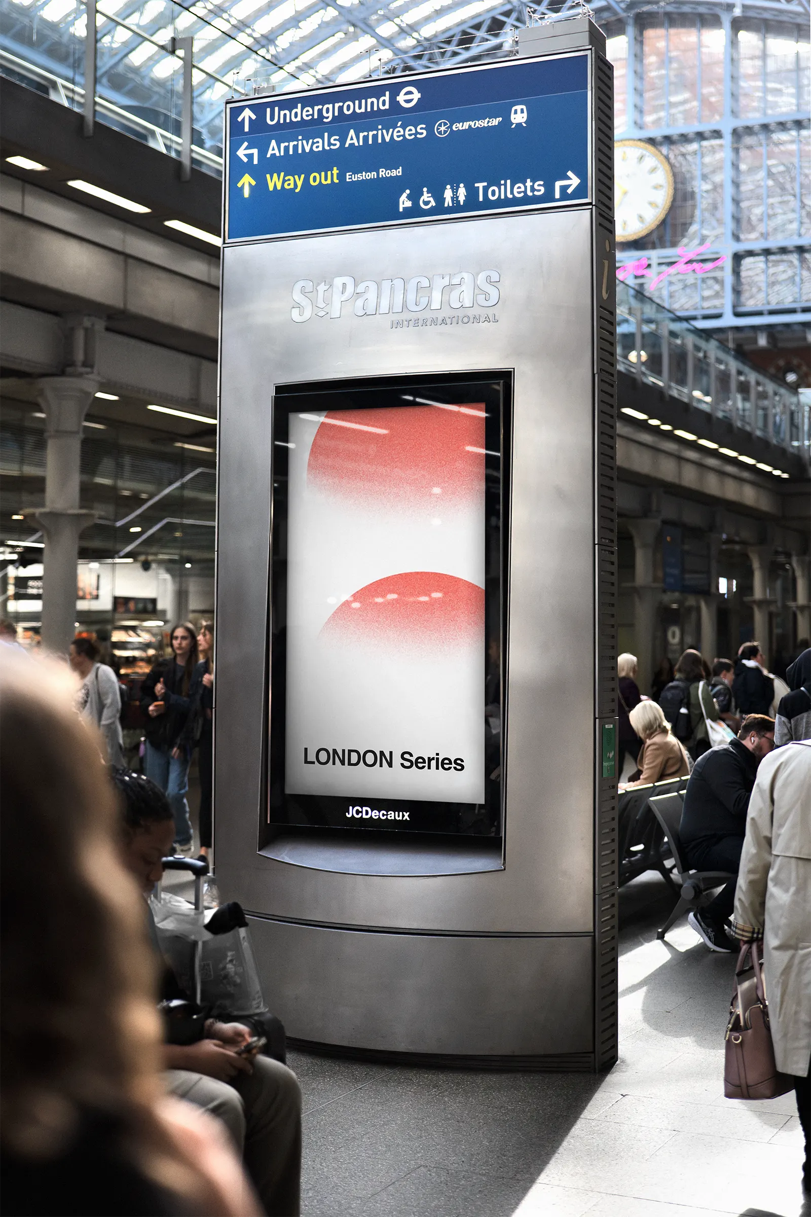 Digital screen poster mockup in Saint Pancras International Train Station, Eurostar, London Underground, United Kingdom - subway billboard photoshop mockup for graphic design UK23LON0180
