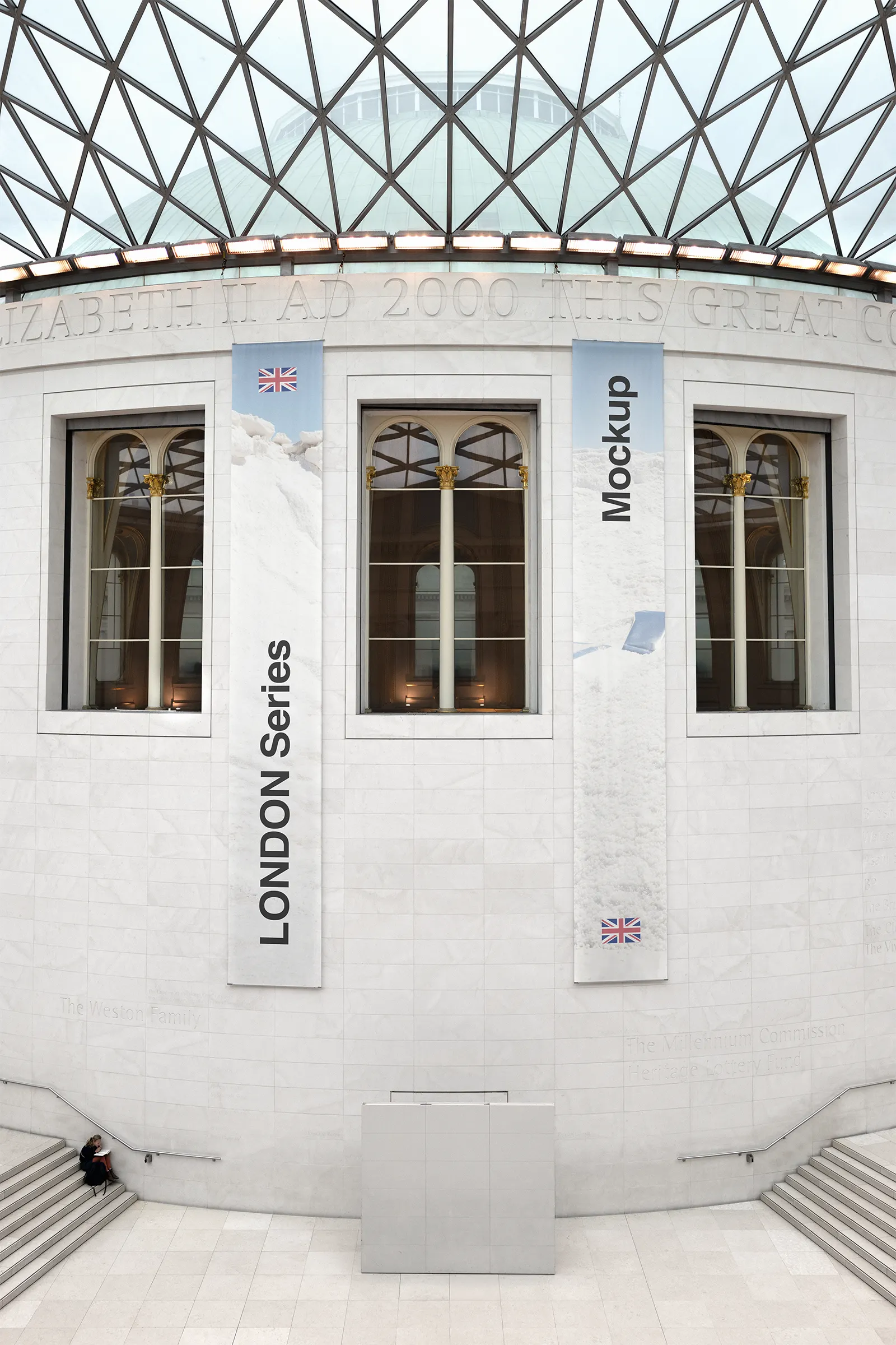 Banner mockup in the British Museum, London, United Kingdom, UK - poster billboard screen photoshop mockup for graphic design UK23LON0526