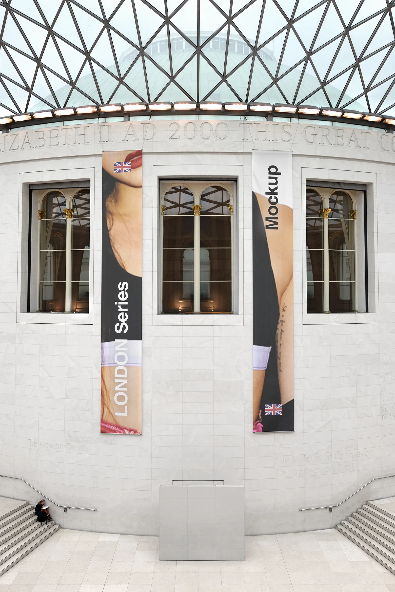 Banner mockup in the British Museum, London, United Kingdom, UK - poster billboard screen photoshop mockup for graphic design UK23LON0526
