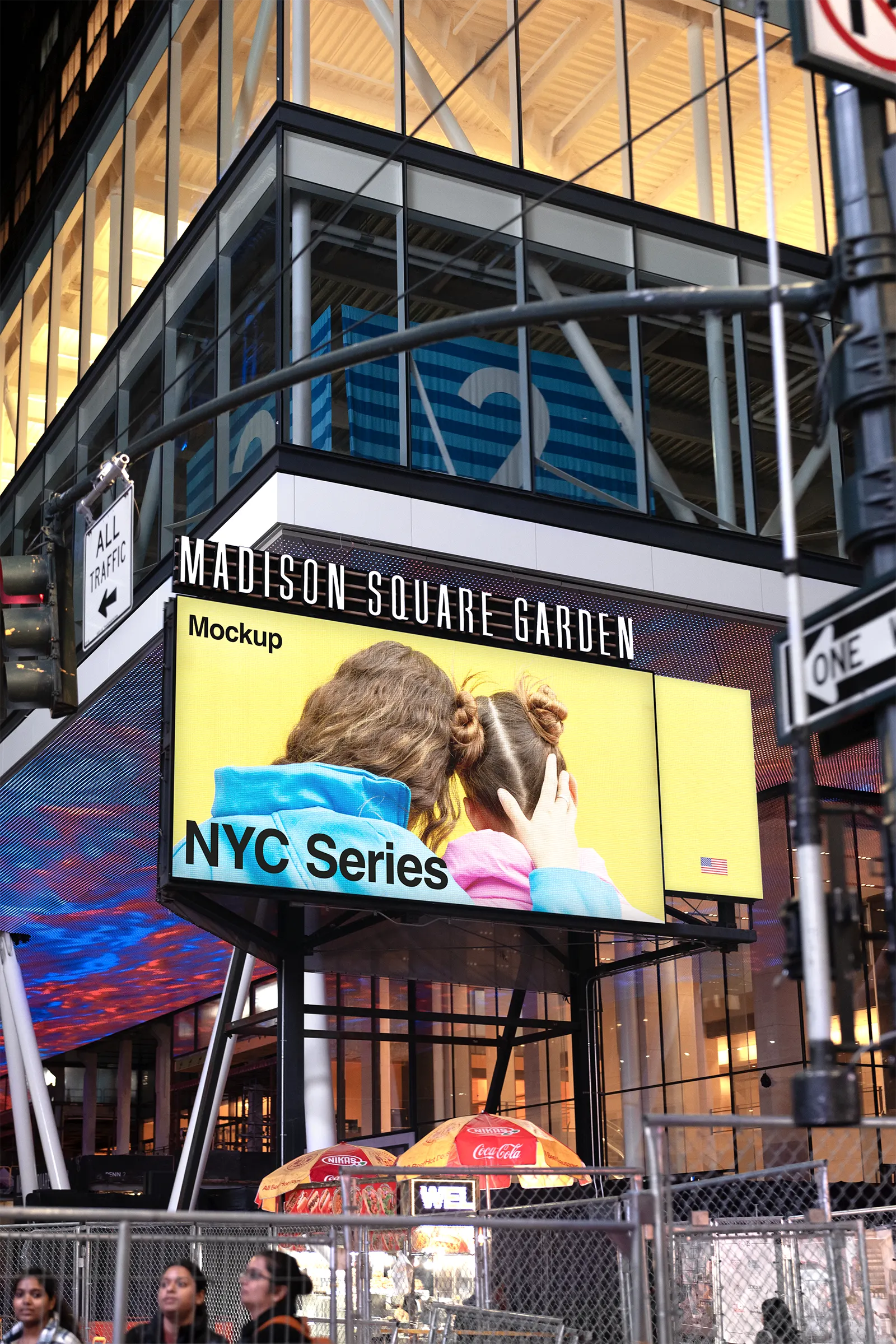 Billboard screen mockup at the Madison Square Garden venue in Manhattan, New York, United States - NY poster photoshop mockup for graphic design US23NY0842