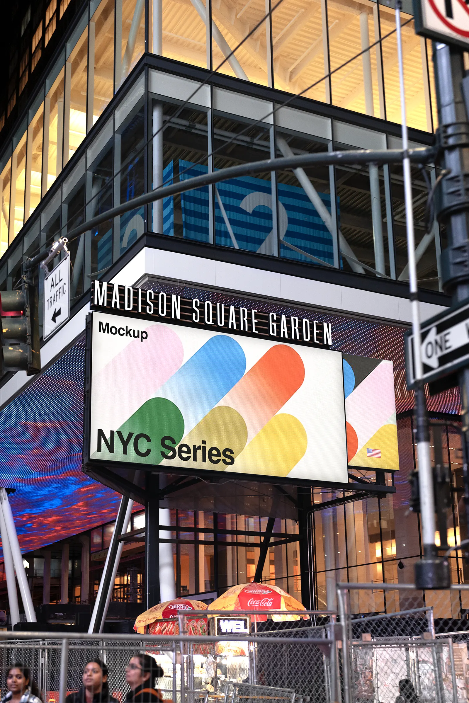 Billboard screen mockup at the Madison Square Garden venue in Manhattan, New York, United States - NY poster photoshop mockup for graphic design US23NY0842