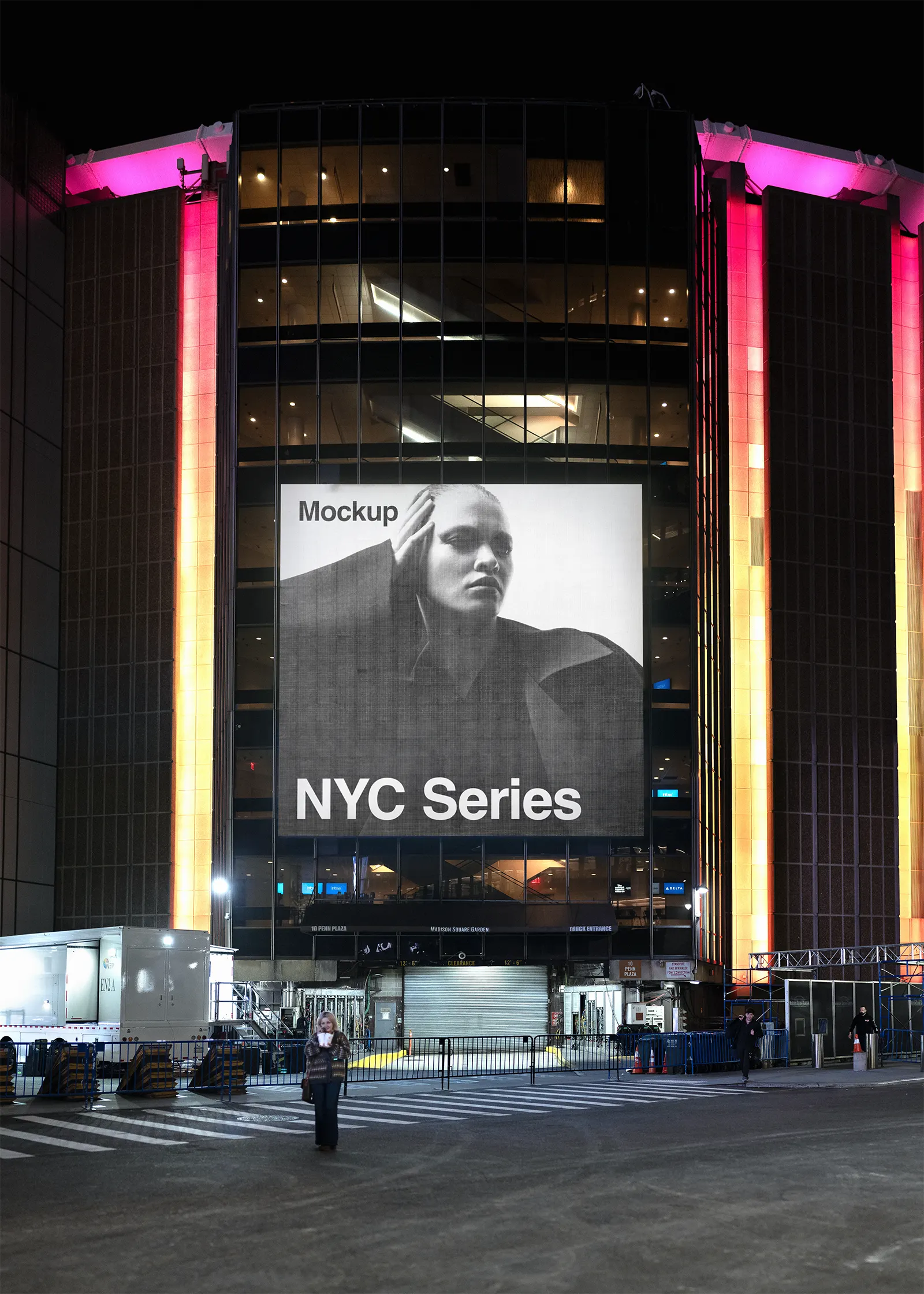 Billboard screen mockup at the Madison Square Garden venue in Manhattan, New York, United States - NY poster photoshop mockup for graphic design US23NY0853