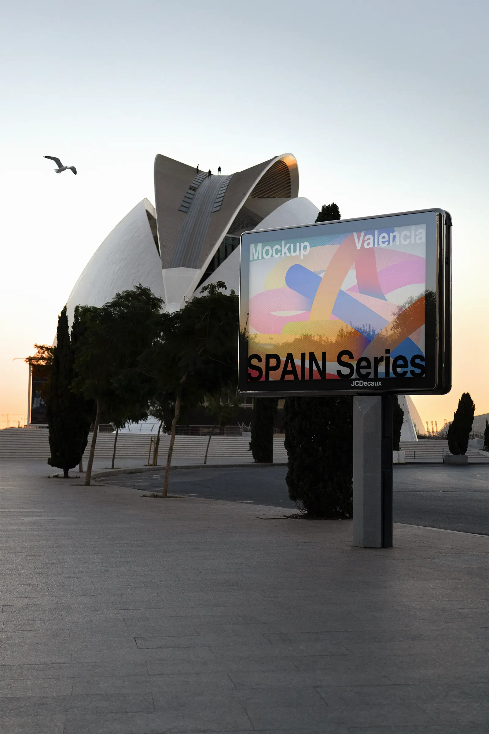 Billboard mockup in front of the opera house in Valencia, Spain - poster screen photoshop mockup for graphic design SP23VLC208