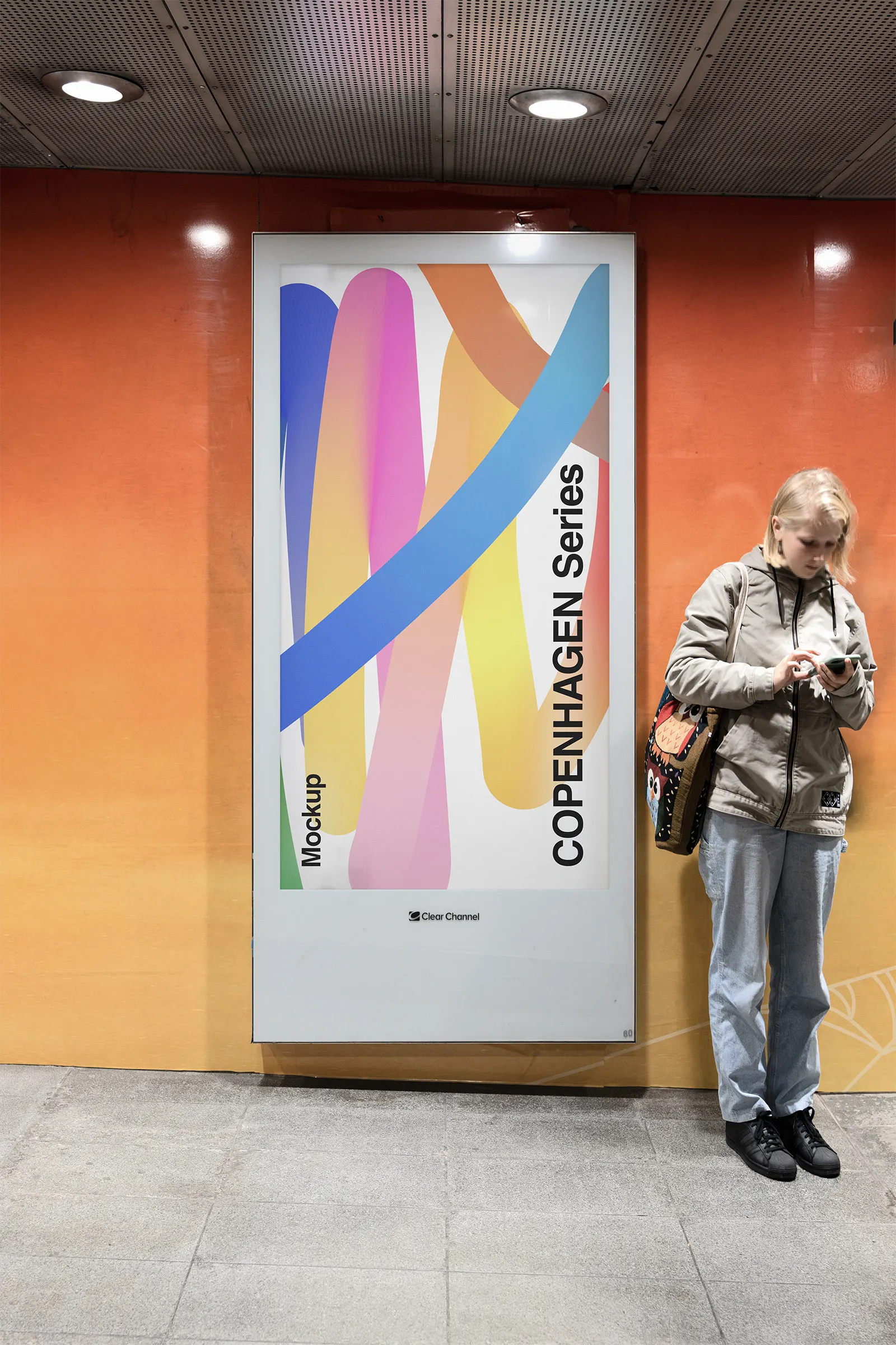 Digital poster billboard mockup in the Copenhagen subway, Denmark - underground screen photoshop mockup for graphic design DN23CPH059