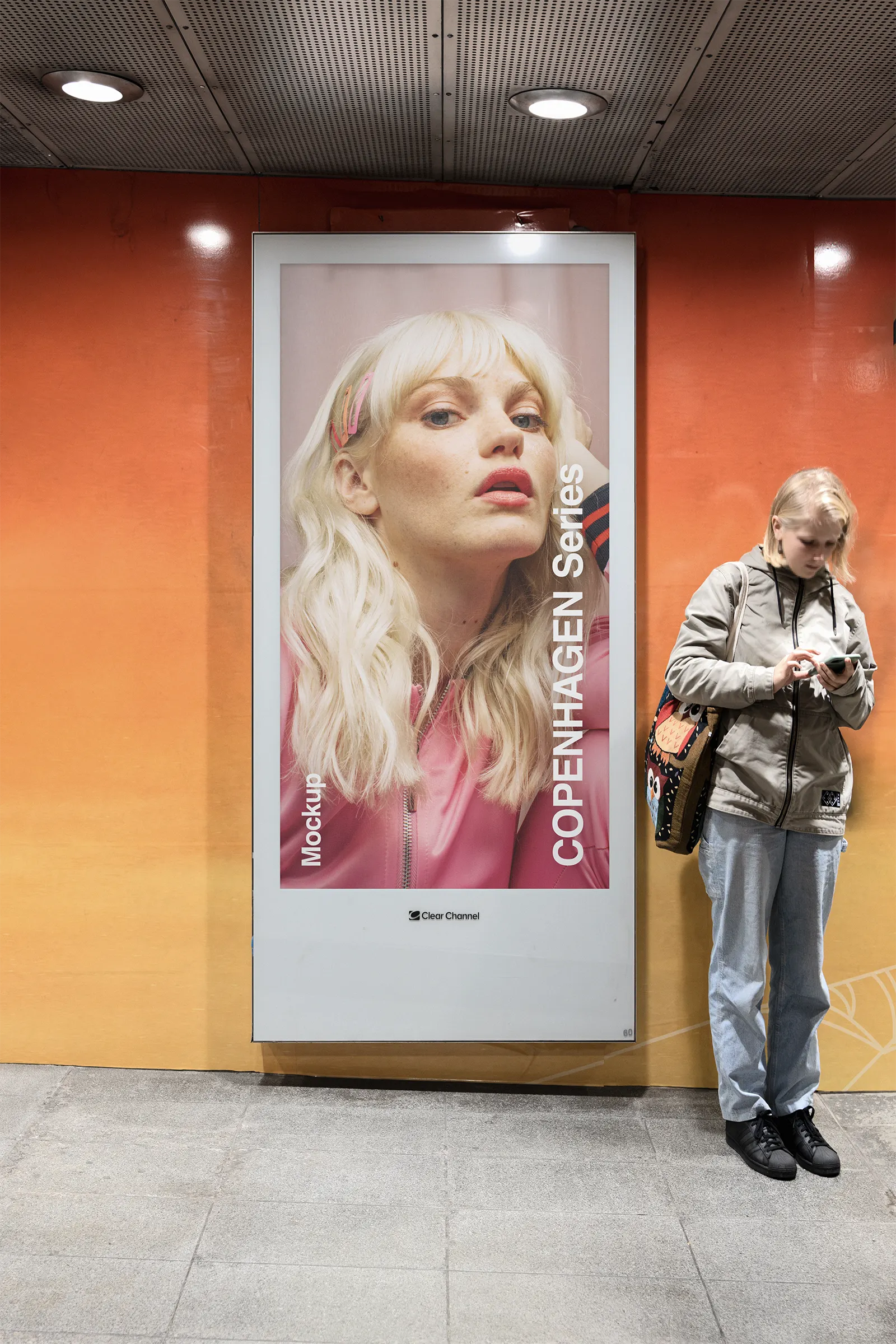 Digital poster billboard mockup in the Copenhagen subway, Denmark - underground screen photoshop mockup for graphic design DN23CPH059