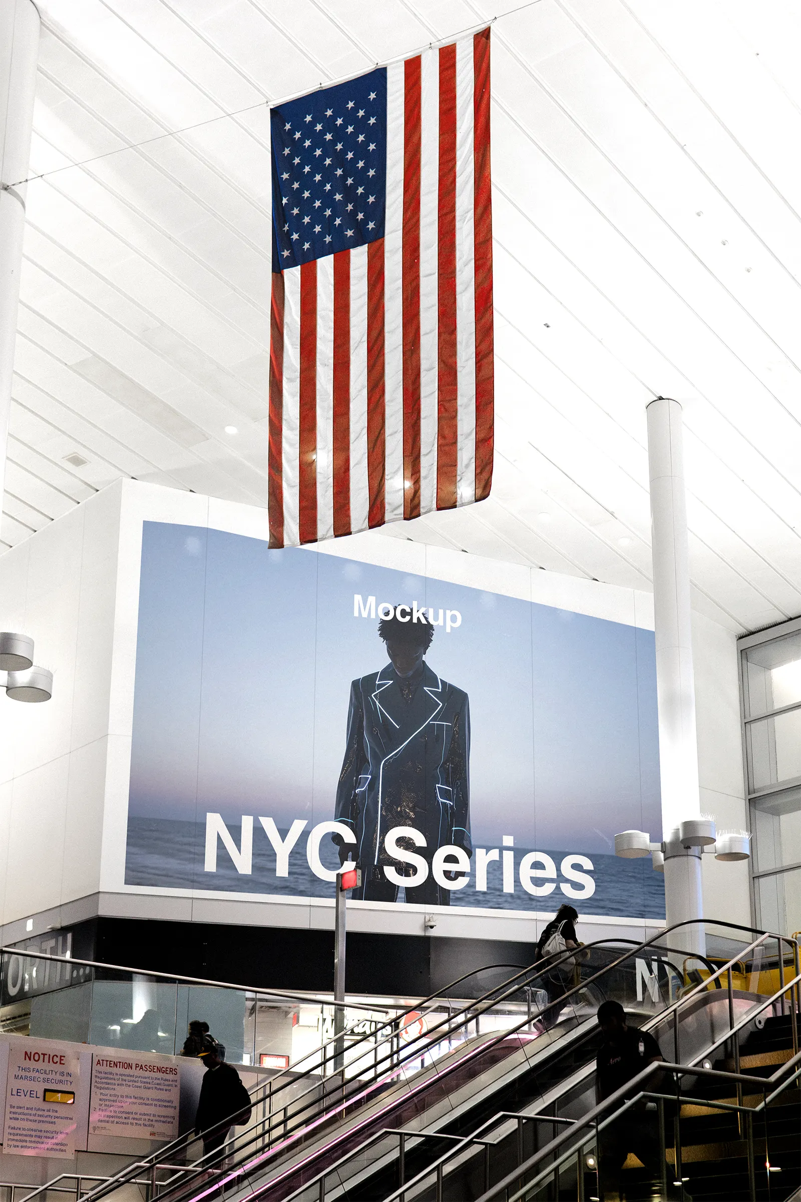 Banner mockup in a hall in Manhattan, New York, United States - billboard photoshop mockup for graphic design US23NY1422