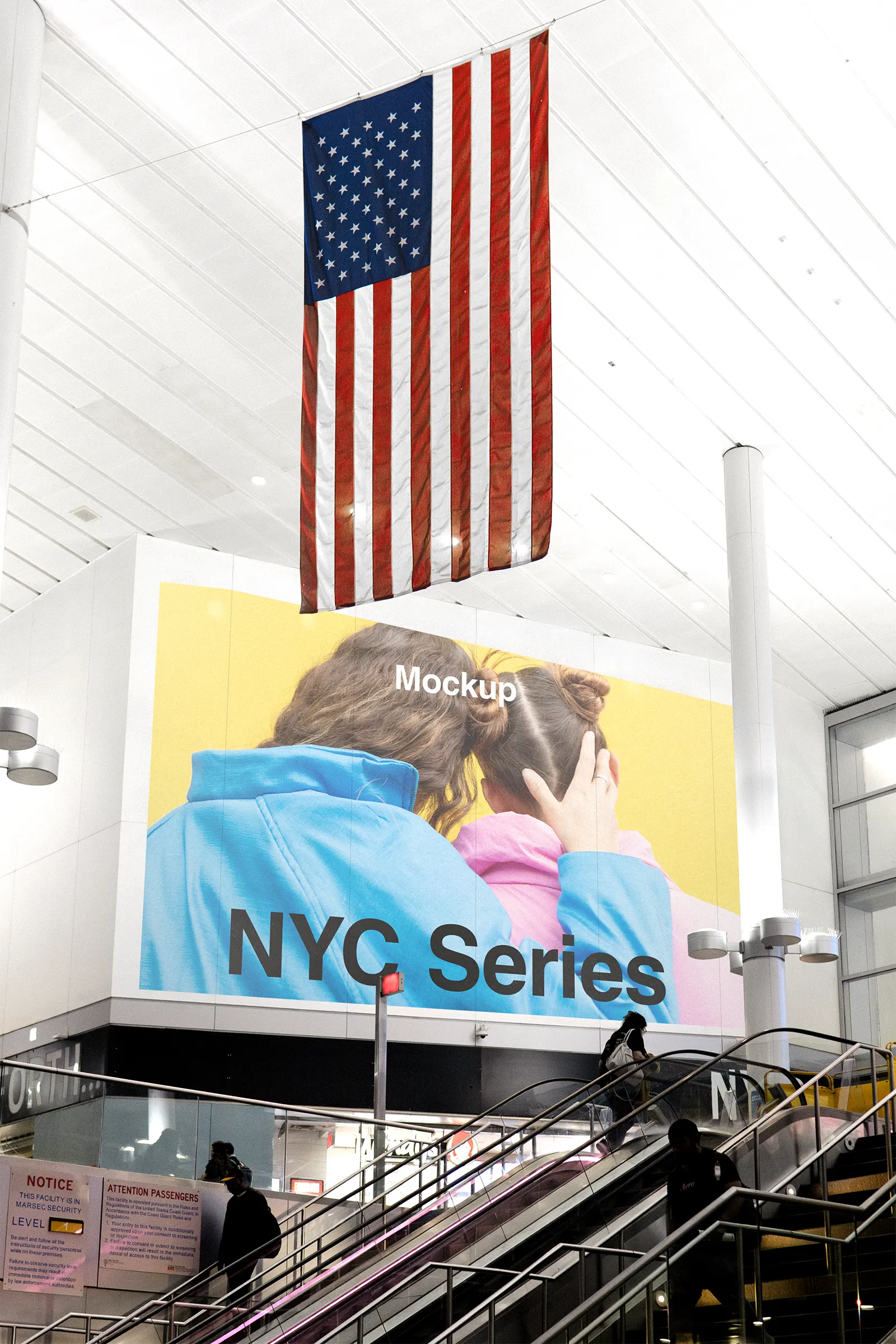 Banner mockup in a hall in Manhattan, New York, United States - billboard photoshop mockup for graphic design US23NY1422