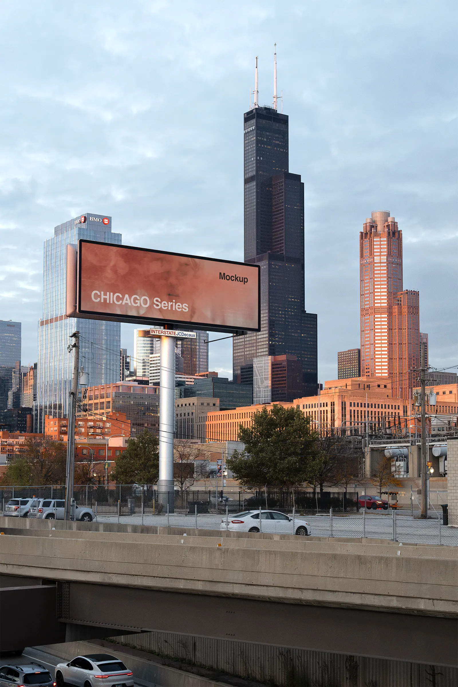Billboard screen mockup by a highway in front of the Sears Tower skyscraper in Chicago, United States - skyline poster photoshop mockup for graphic design US23CHI0595