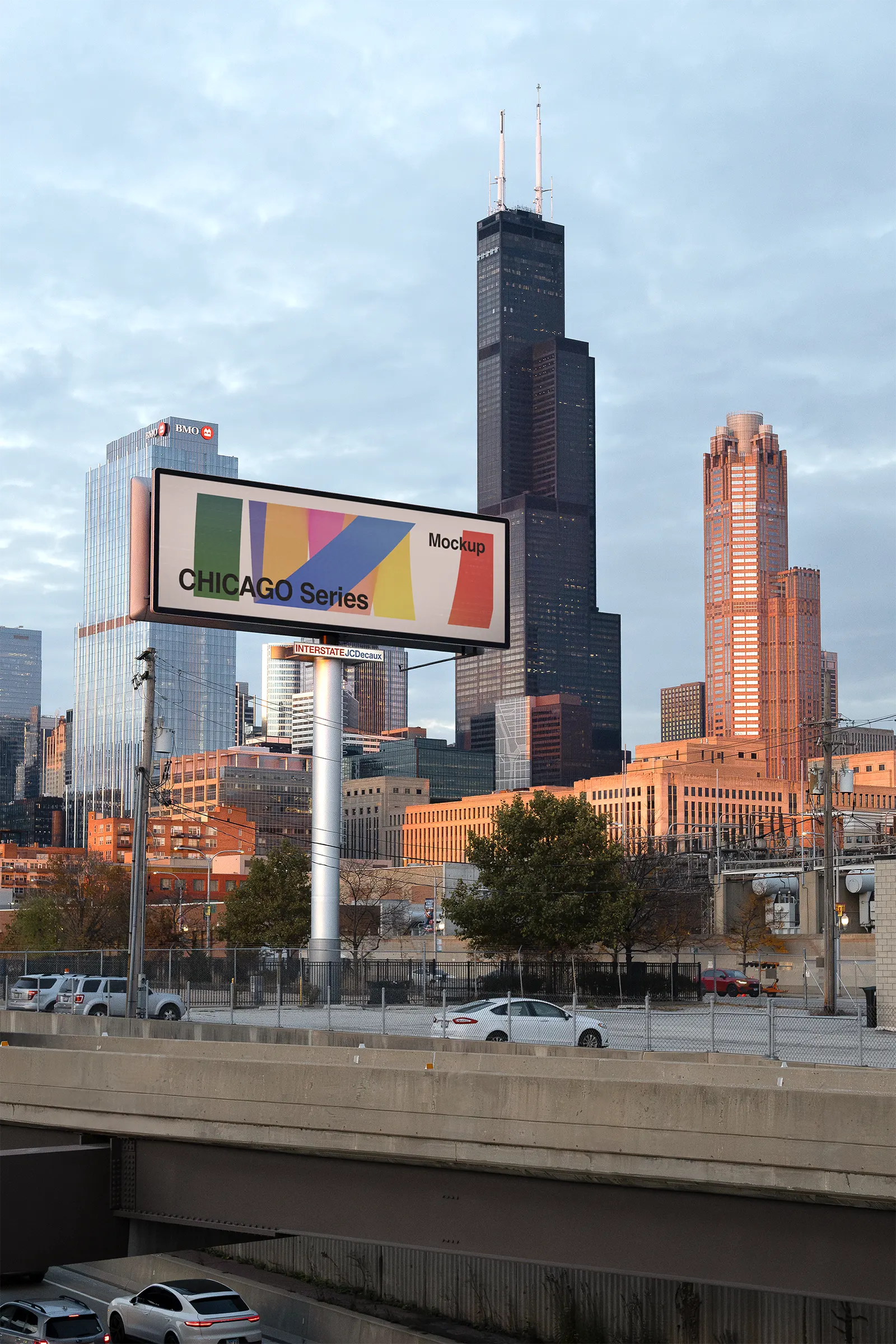Billboard screen mockup by a highway in front of the Sears Tower skyscraper in Chicago, United States - skyline poster photoshop mockup for graphic design US23CHI0595