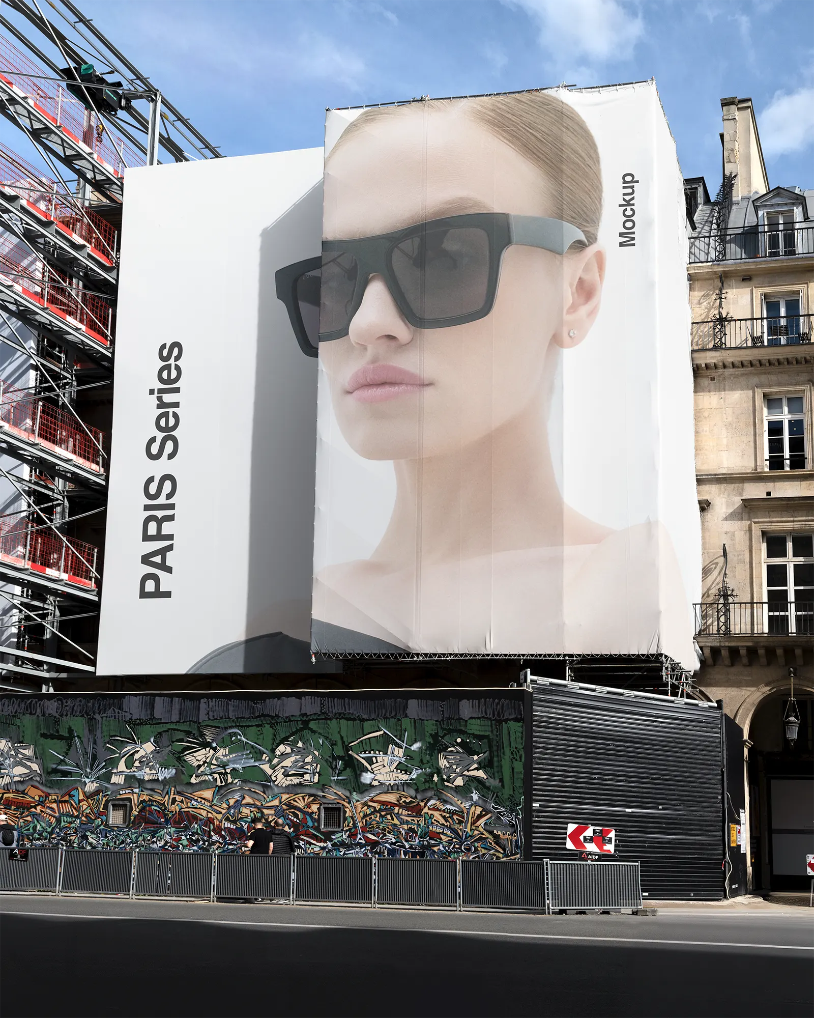 Banner mockup on a building on Place Vendome, in Paris, France - billboard photoshop mockup for graphic design FR24PRS111