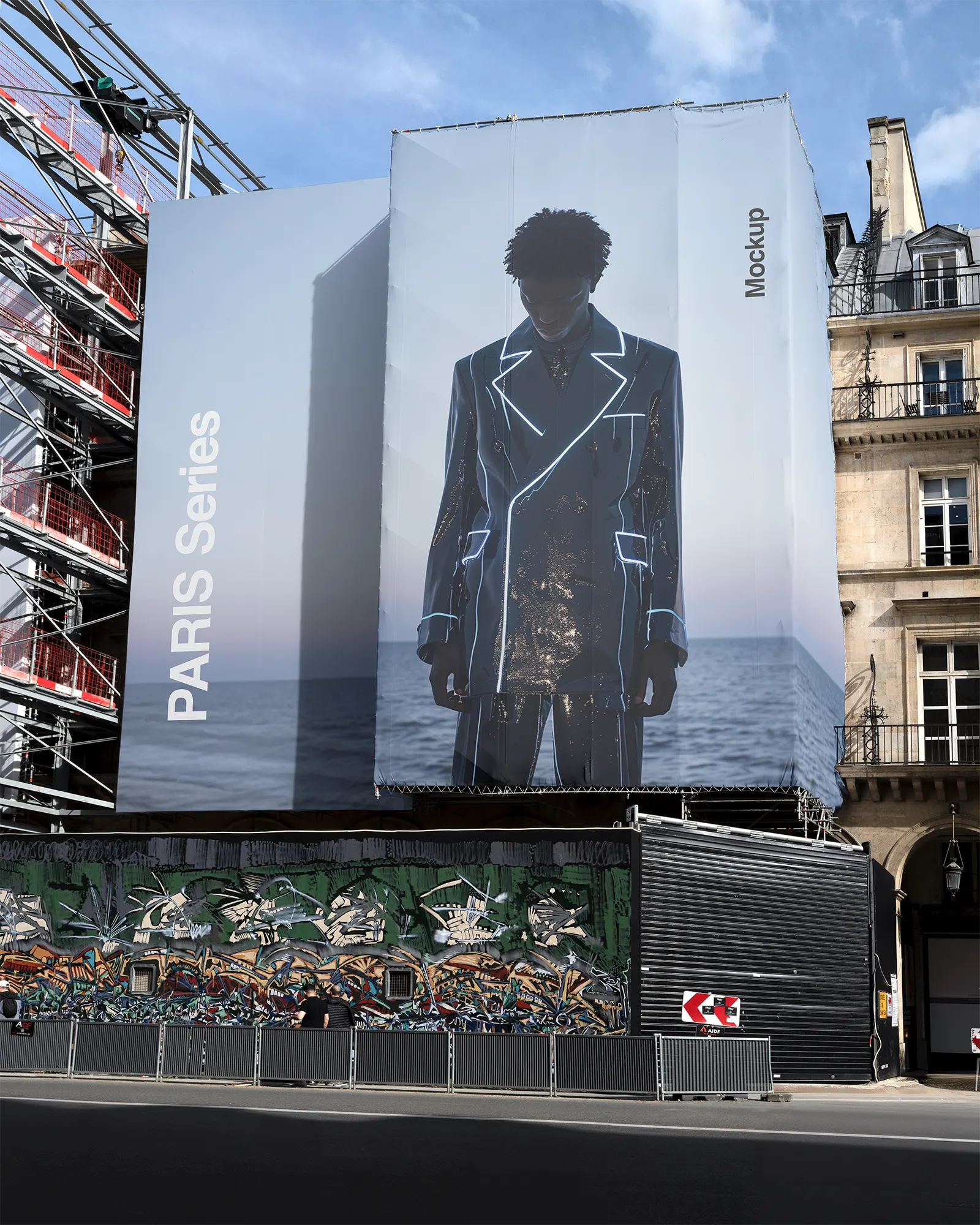 Banner mockup on a building on Place Vendome, in Paris, France - billboard photoshop mockup for graphic design FR24PRS111