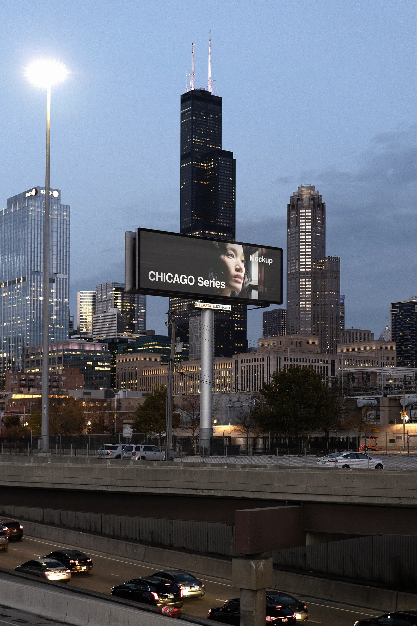 Billboard screen mockup by a highway in front of the Sears Tower skyscraper in Chicago, United States - skyline poster photoshop mockup for graphic design US23CHI0604