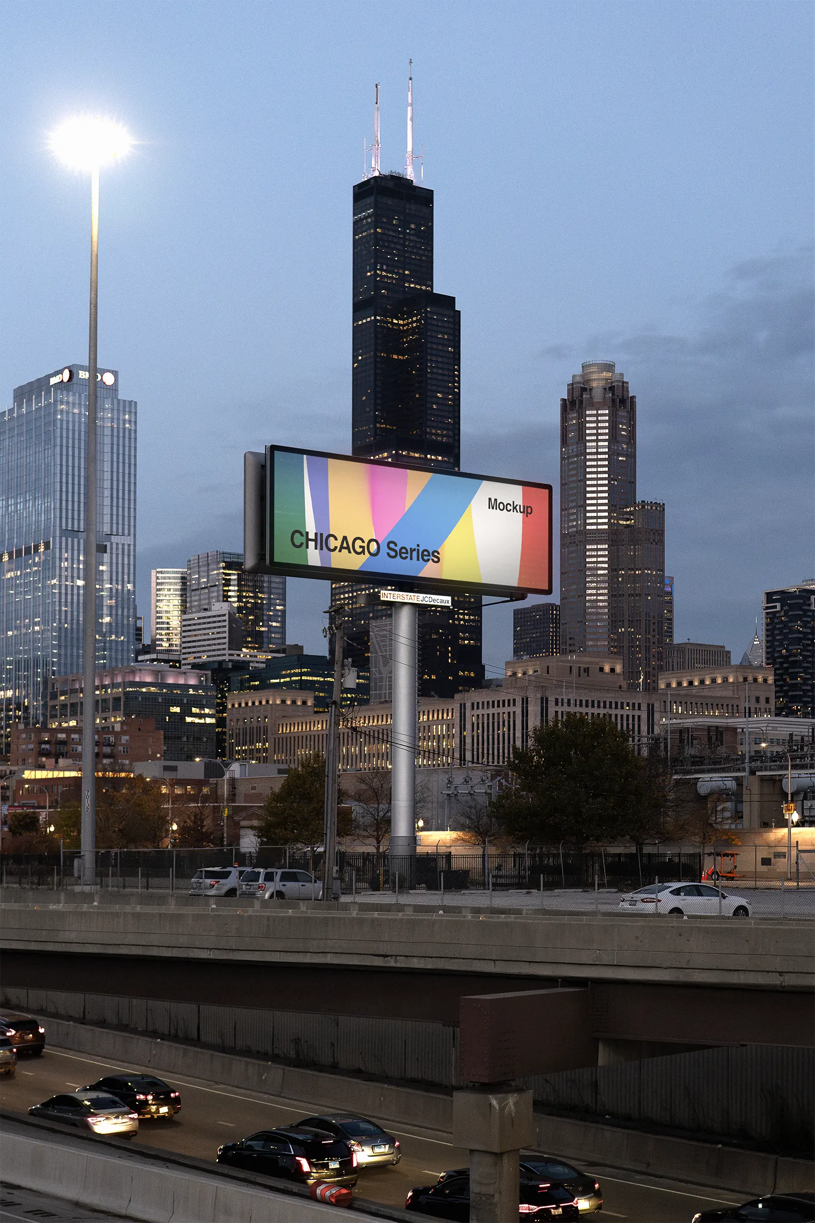 Billboard screen mockup by a highway in front of the Sears Tower skyscraper in Chicago, United States - skyline poster photoshop mockup for graphic design US23CHI0604