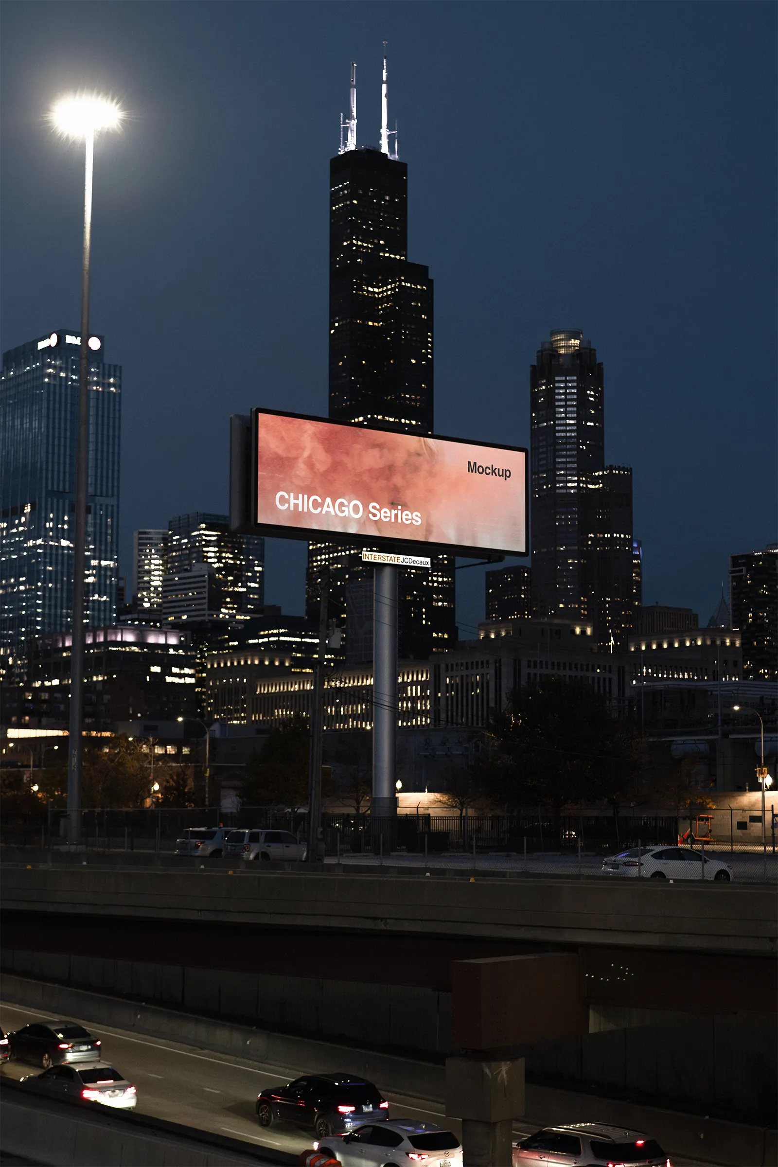 Billboard screen mockup by a highway in front of the Sears Tower skyscraper in Chicago, United States - skyline poster photoshop mockup for graphic design US23CHI0610