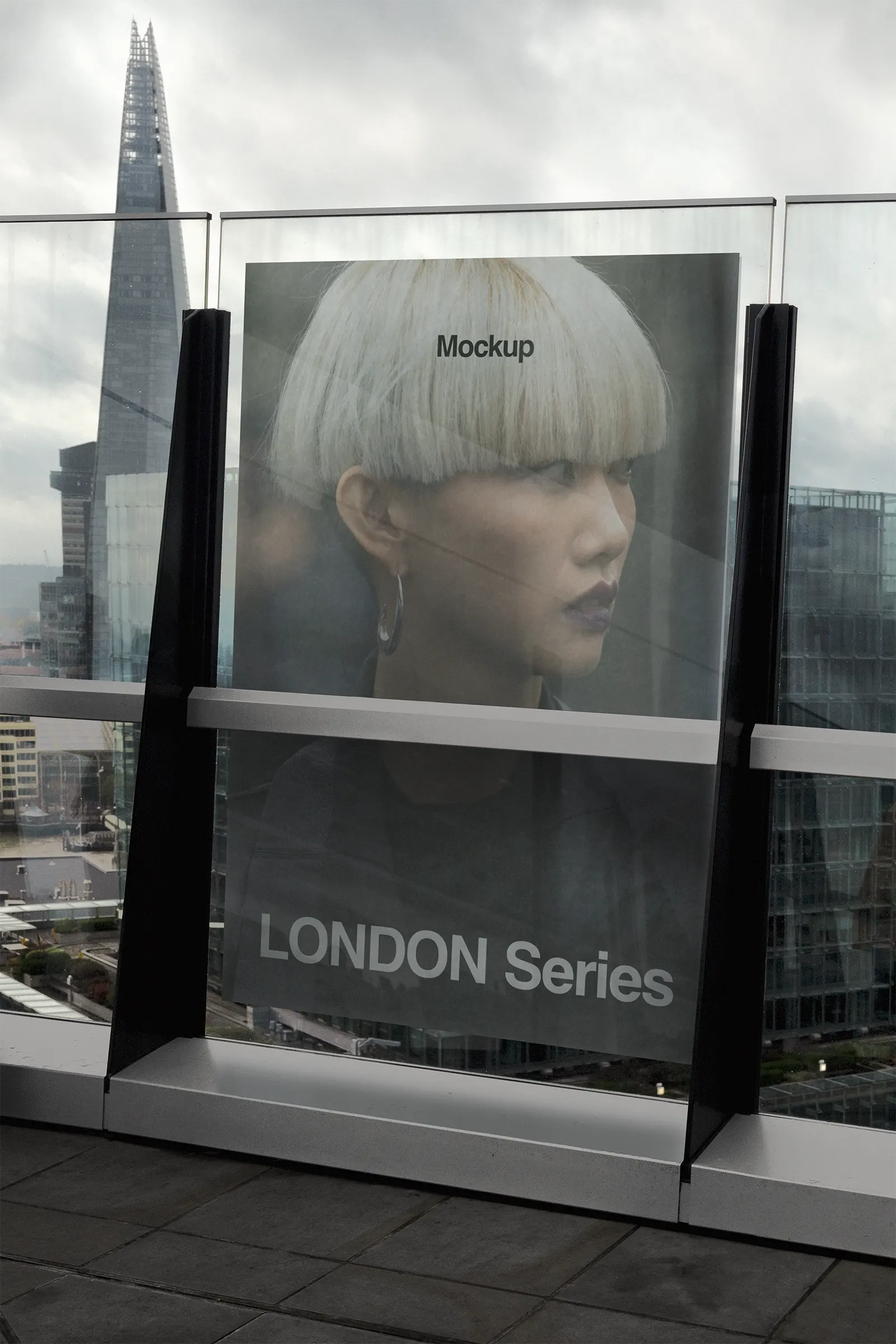 Poster mockup on a rooftop in Central London, United-Kingdom, UK at night - The Shard skyscraper and skyline billboard photoshop mockup for graphic design UK23LON0120