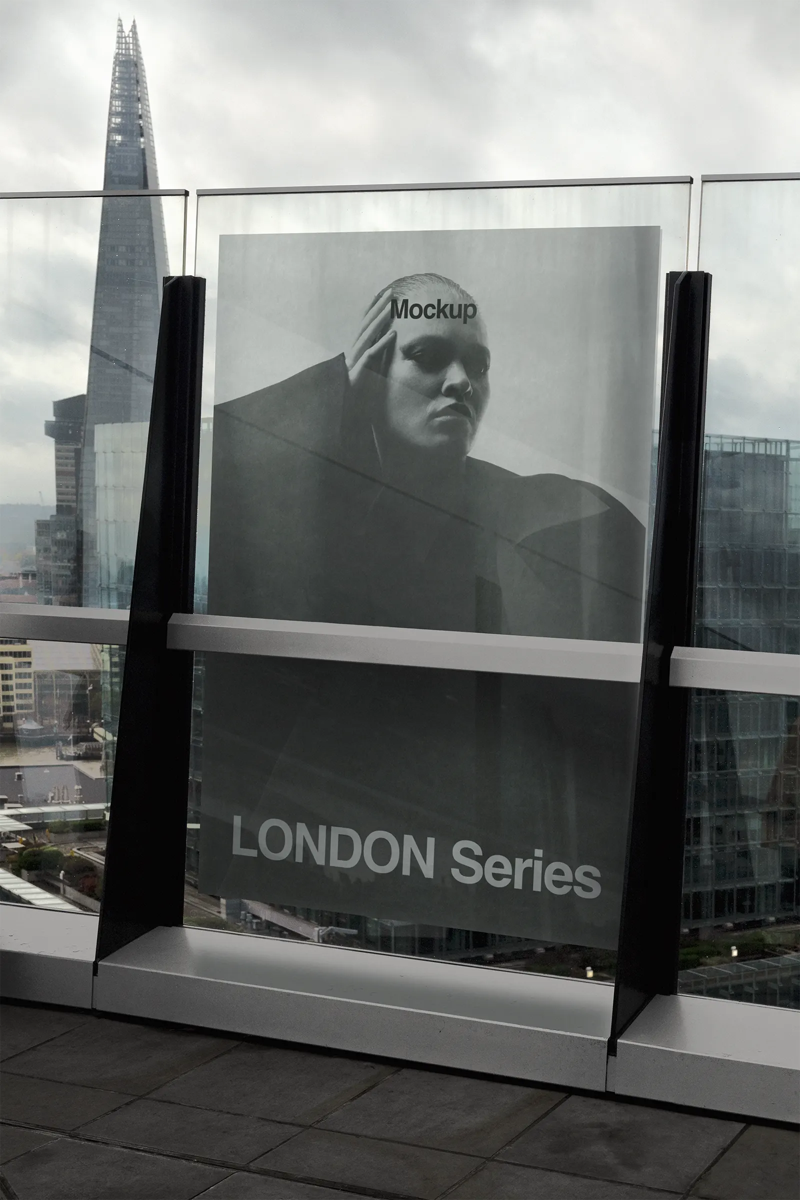Poster mockup on a rooftop in Central London, United-Kingdom, UK at night - The Shard skyscraper and skyline billboard photoshop mockup for graphic design UK23LON0120