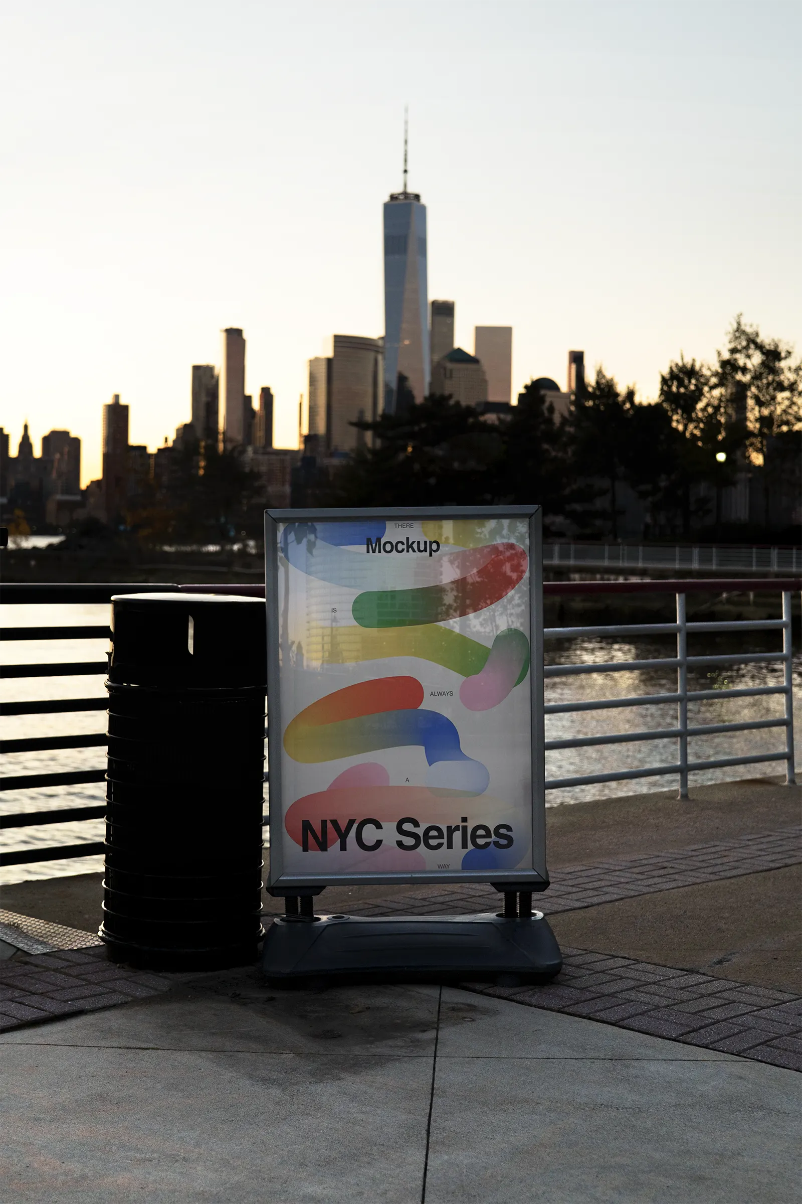 Poster mockup in front of the Manhattan Skyline at dawn, New York, United States - NY billboard photoshop mockup for graphic design US23NY0005