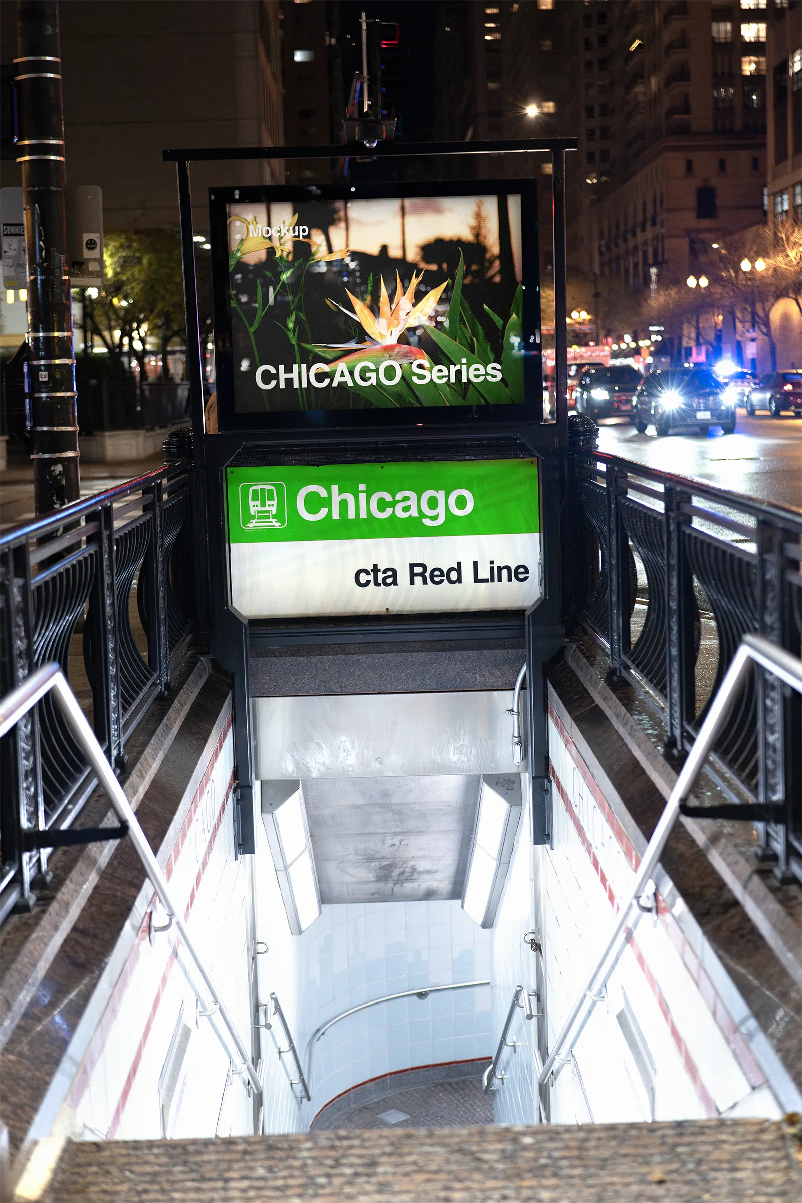 Digital poster mockup on a subway station in downtown Chicago, United States - billboard screen photoshop mockup for graphic design US23CHI0848