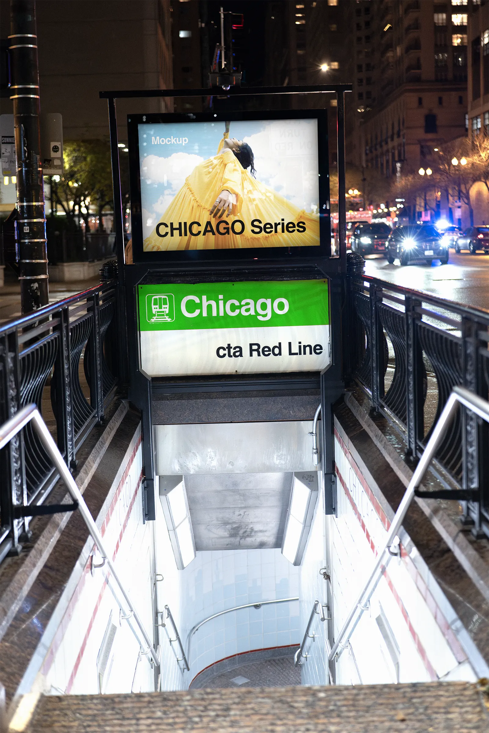 Digital poster mockup on a subway station in downtown Chicago, United States - billboard screen photoshop mockup for graphic design US23CHI0848