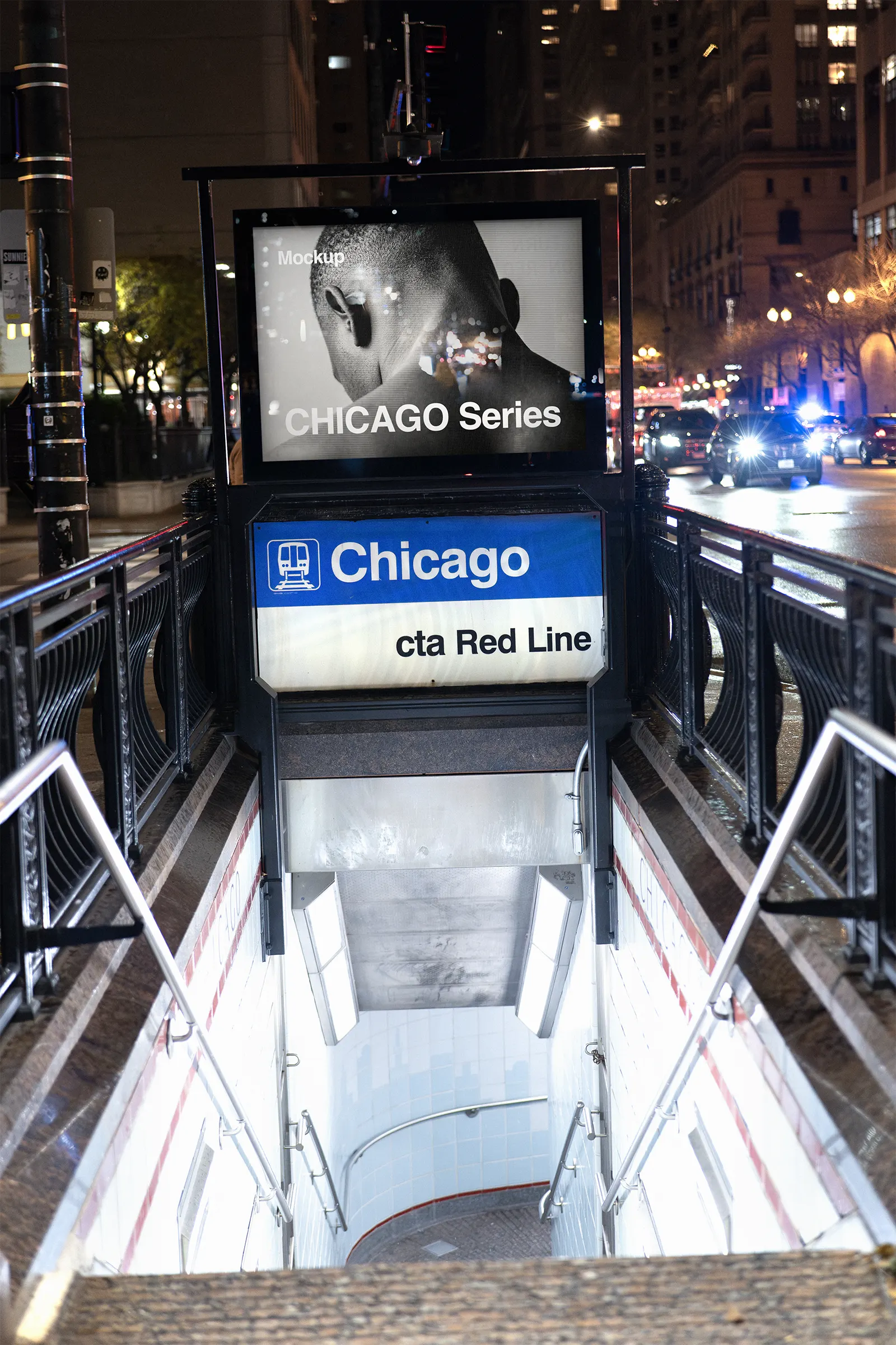 Digital poster mockup on a subway station in downtown Chicago, United States - billboard screen photoshop mockup for graphic design US23CHI0848