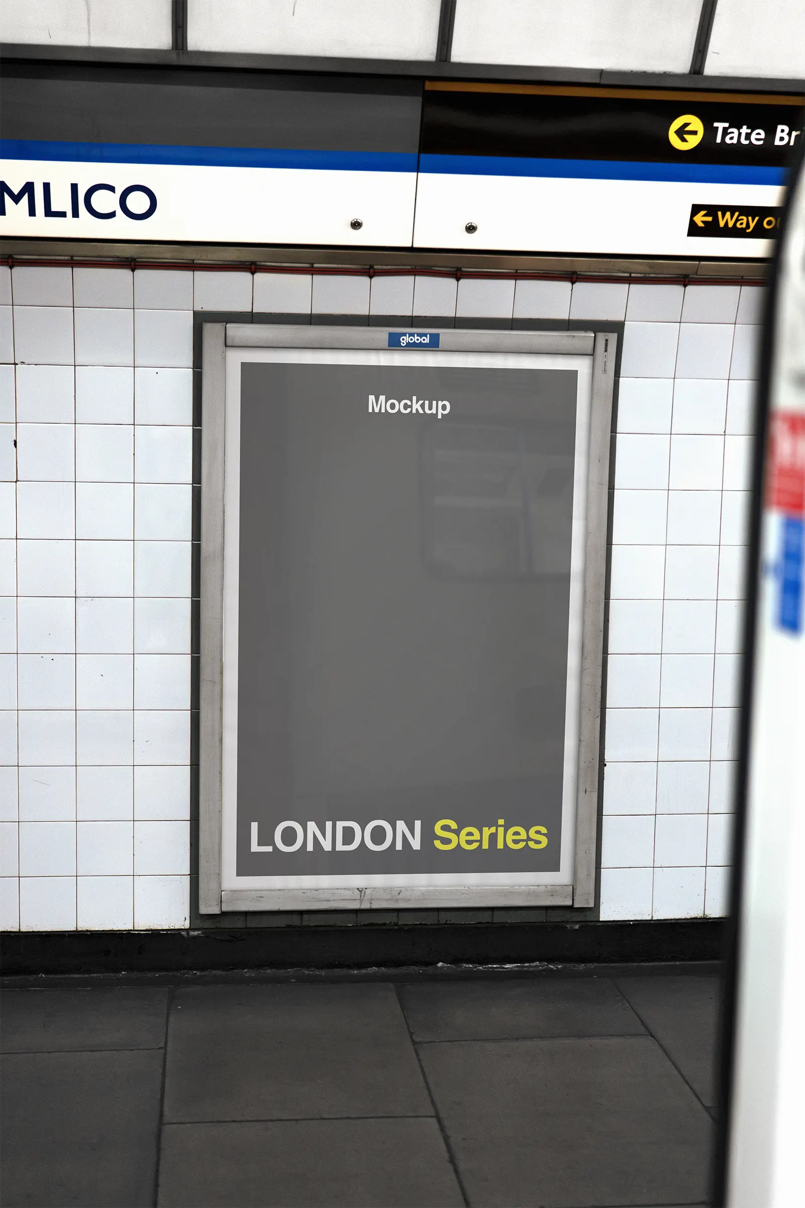 Poster mockup in the London Underground, United-Kingdom, UK - subway billboard screen photoshop mockup for graphic design UK23LON0554