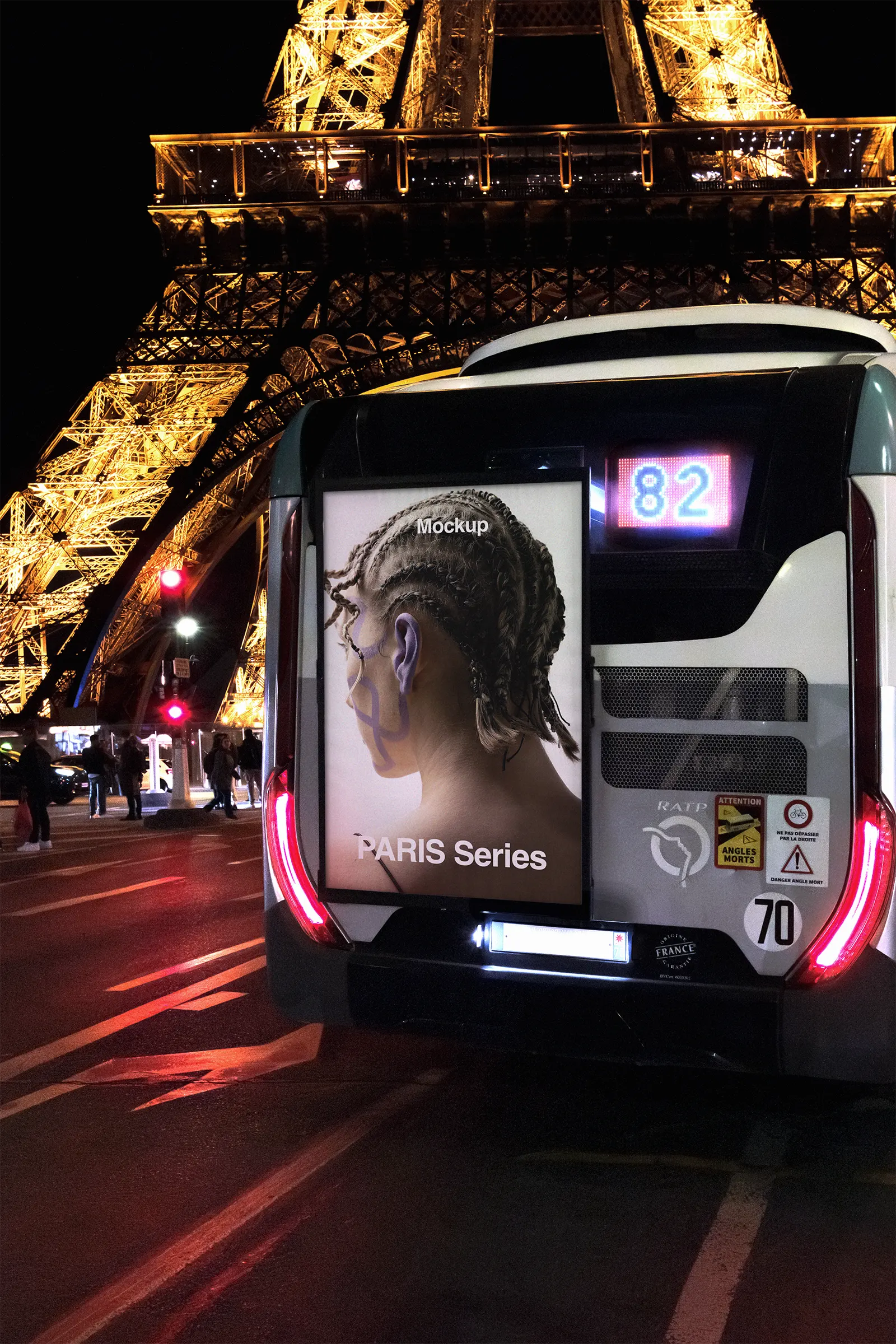 Bus poster mockup in front of the Eiffel Tower in Paris, France - billboard photoshop mockup for graphic design FR24PRS038