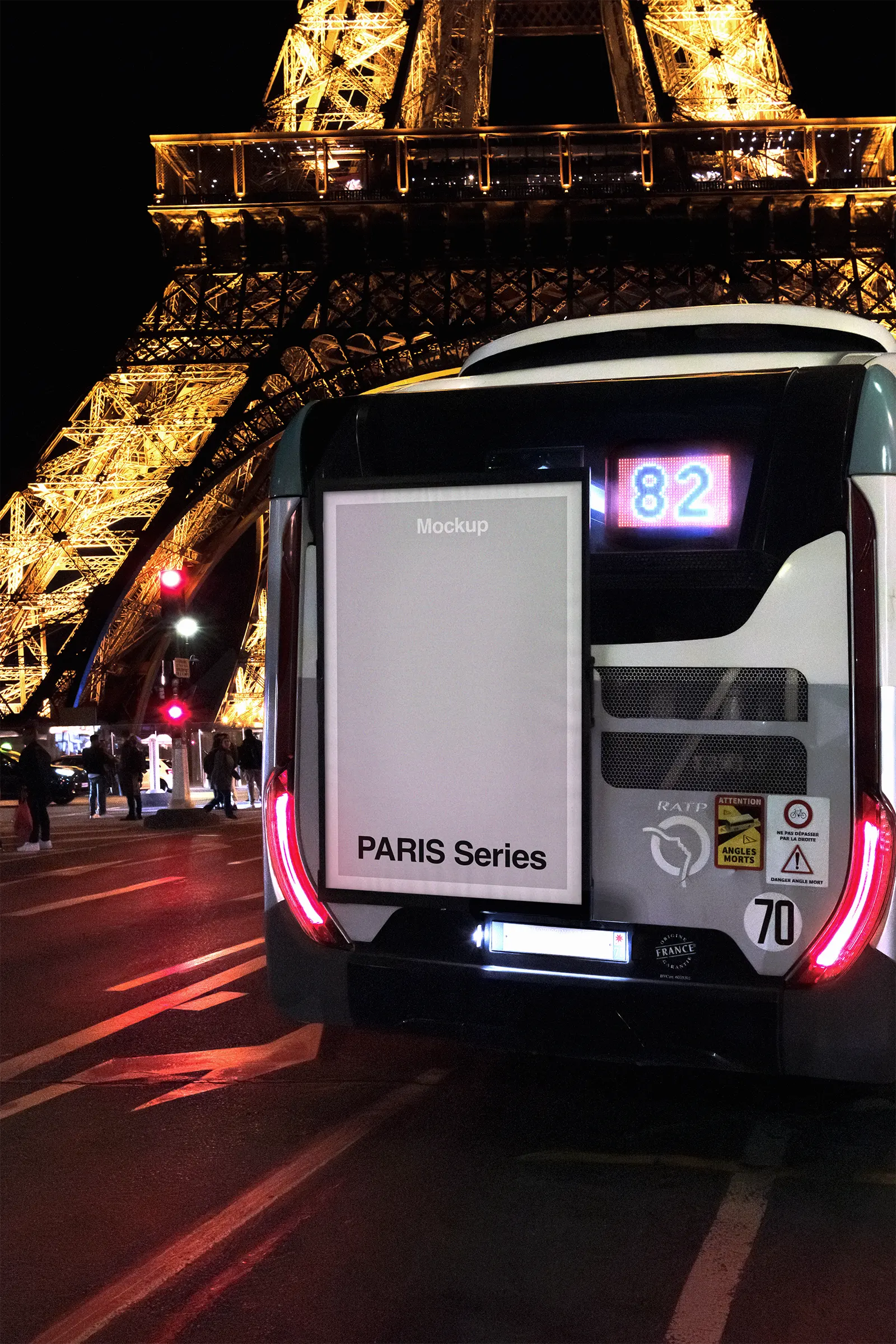 Bus poster mockup in front of the Eiffel Tower in Paris, France - billboard photoshop mockup for graphic design FR24PRS038