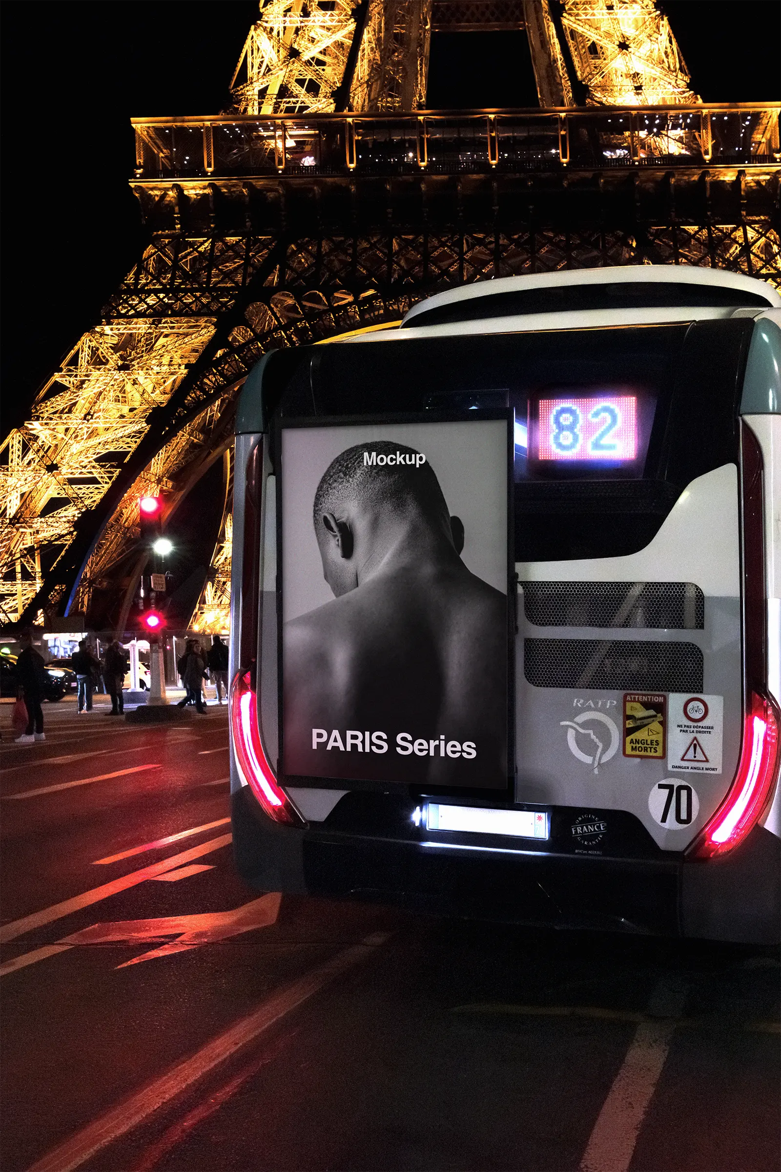 Bus poster mockup in front of the Eiffel Tower in Paris, France - billboard photoshop mockup for graphic design FR24PRS038