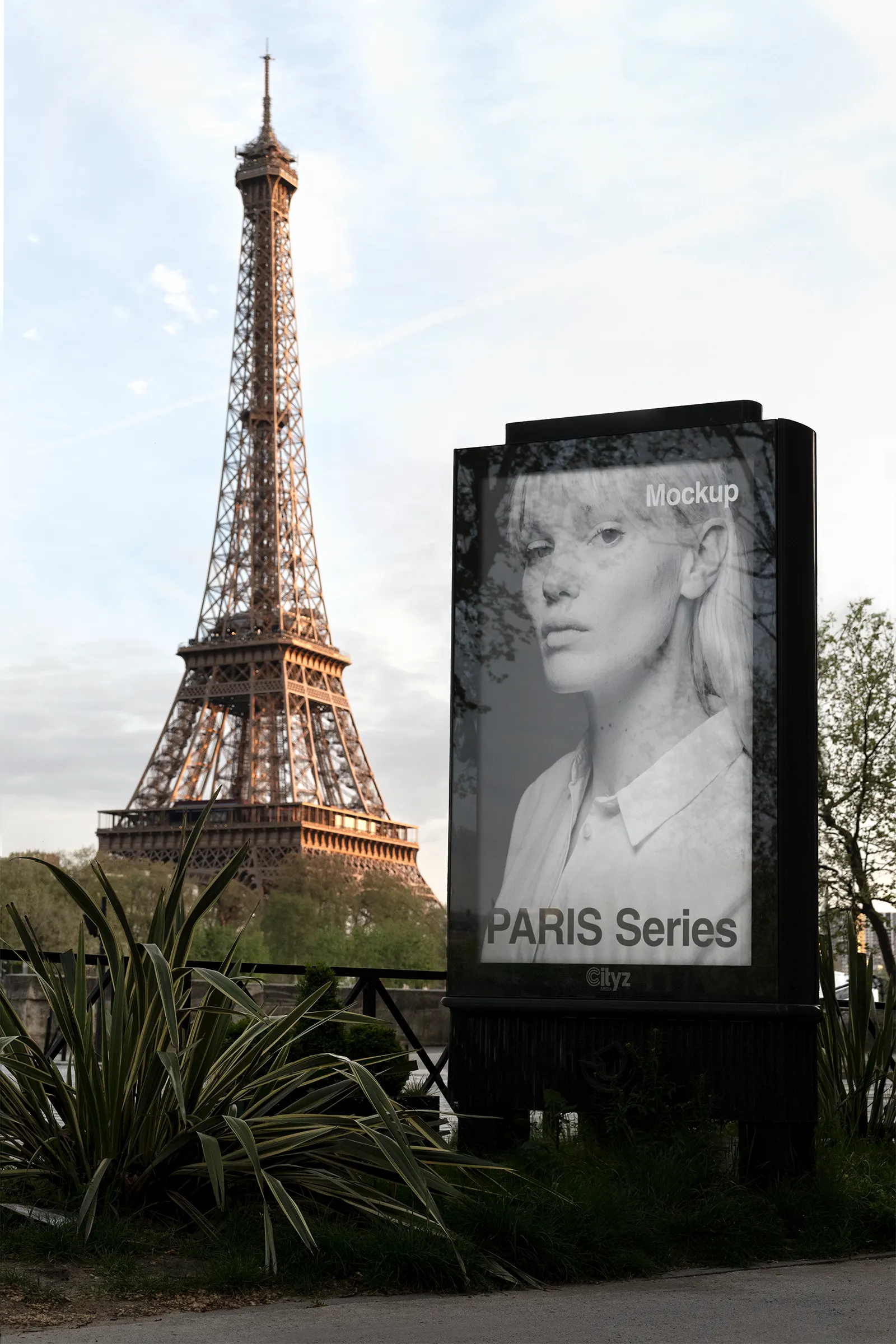 Poster mockup in front of the Eiffel Tower in Paris, France - billboard photoshop mockup for graphic design FR24PRS028
