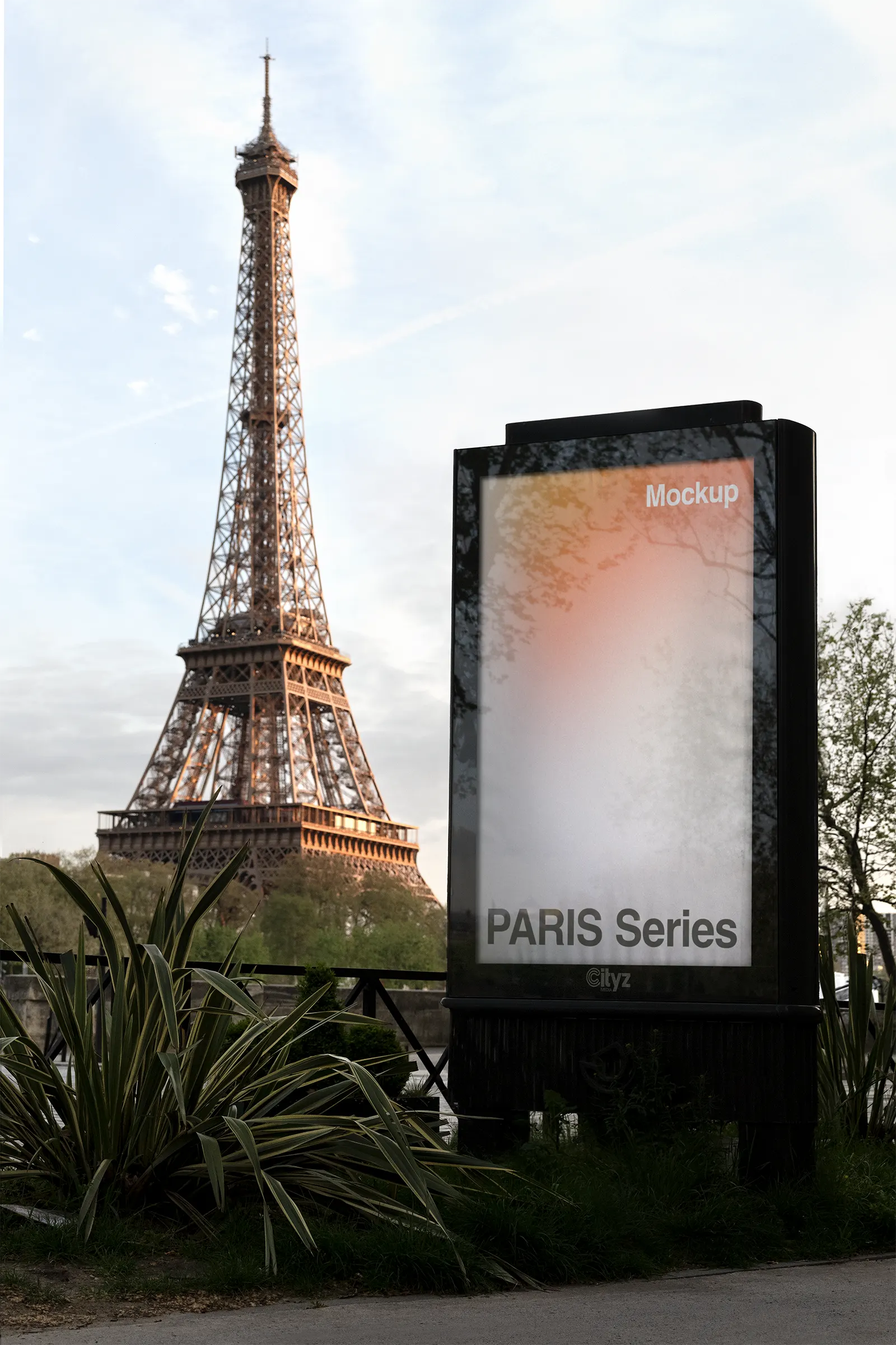 Poster mockup in front of the Eiffel Tower in Paris, France - billboard photoshop mockup for graphic design FR24PRS028