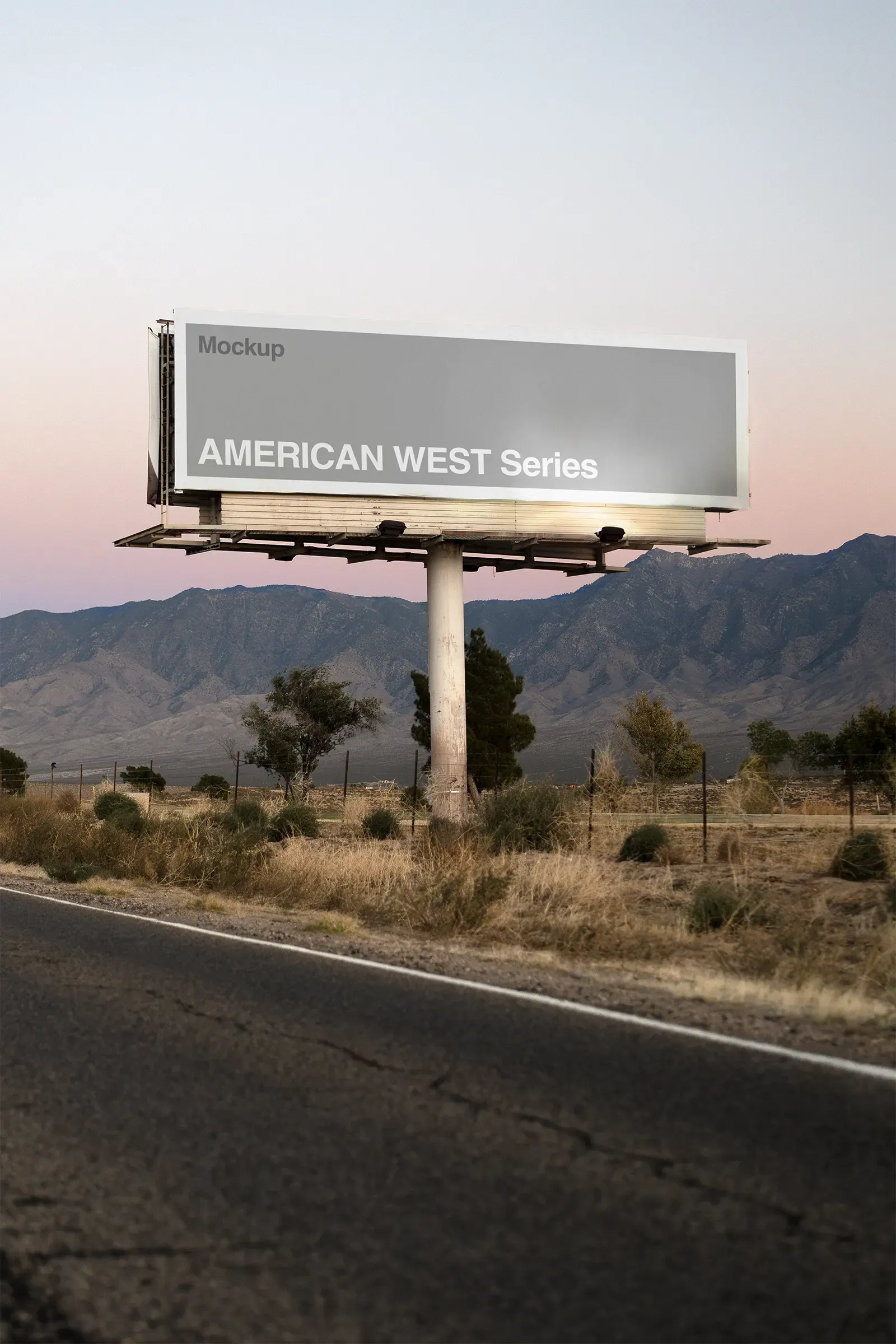 Billboard mockup by the Interstate 15 at dusk on the road to Las Vegas, American West, Nevada, United States - desert poster screen photoshop mockup for graphic design US23WEST0728
