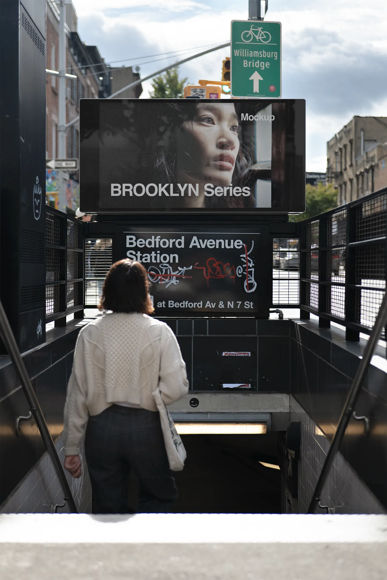 Digital screen billboard mockup on a Brooklyn subway station in Williamsburg, New York, United States - NY poster photoshop mockup for graphic design US23NY0223