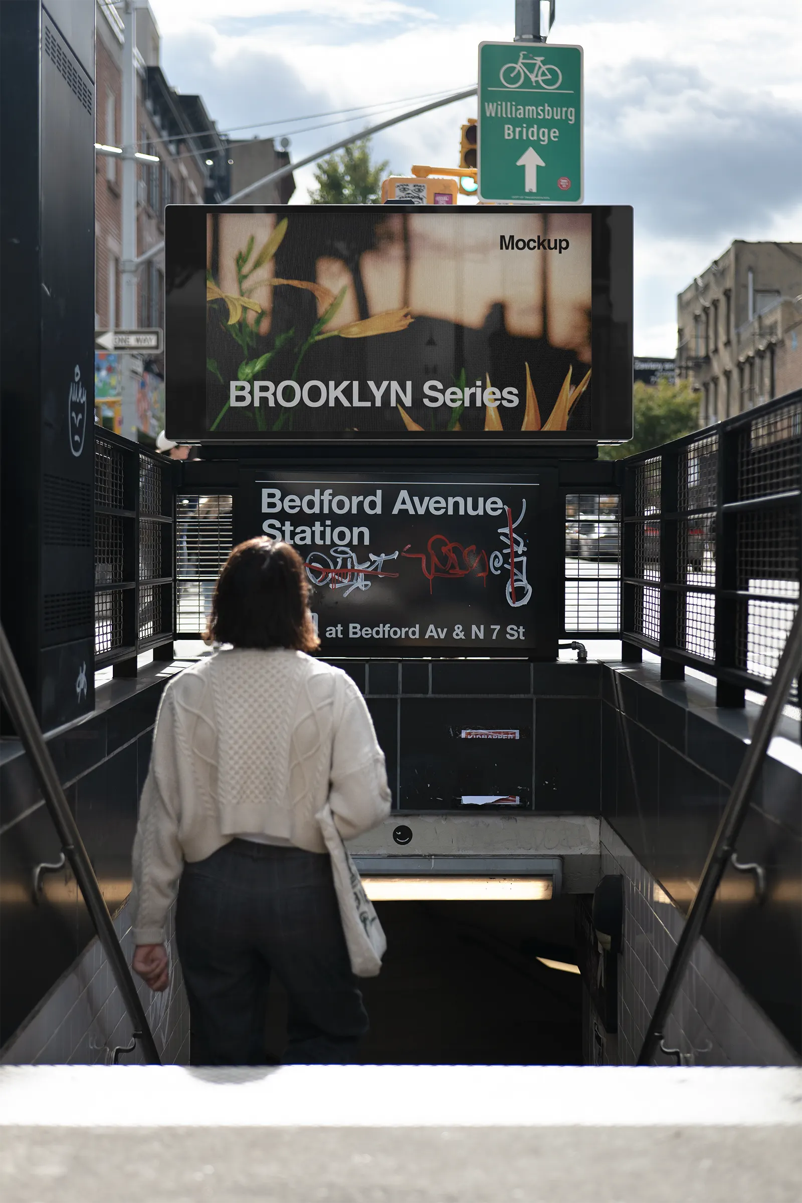 Digital screen billboard mockup on a Brooklyn subway station in Williamsburg, New York, United States - NY poster photoshop mockup for graphic design US23NY0223