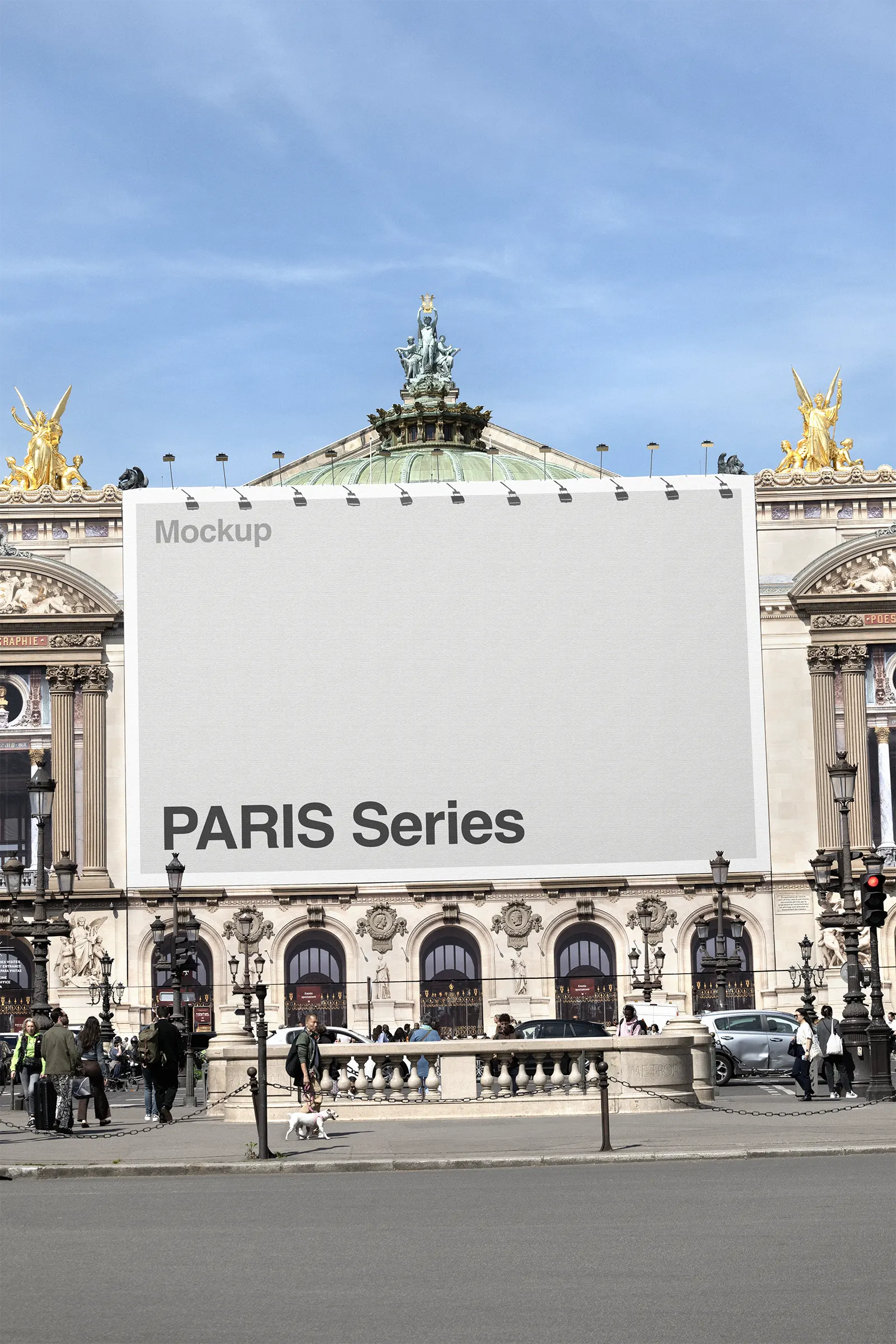 Banner mockup on the facade of the Palais Garnier Opera house, Paris, France - billboard poster photoshop mockup for graphic design FR24PRS090