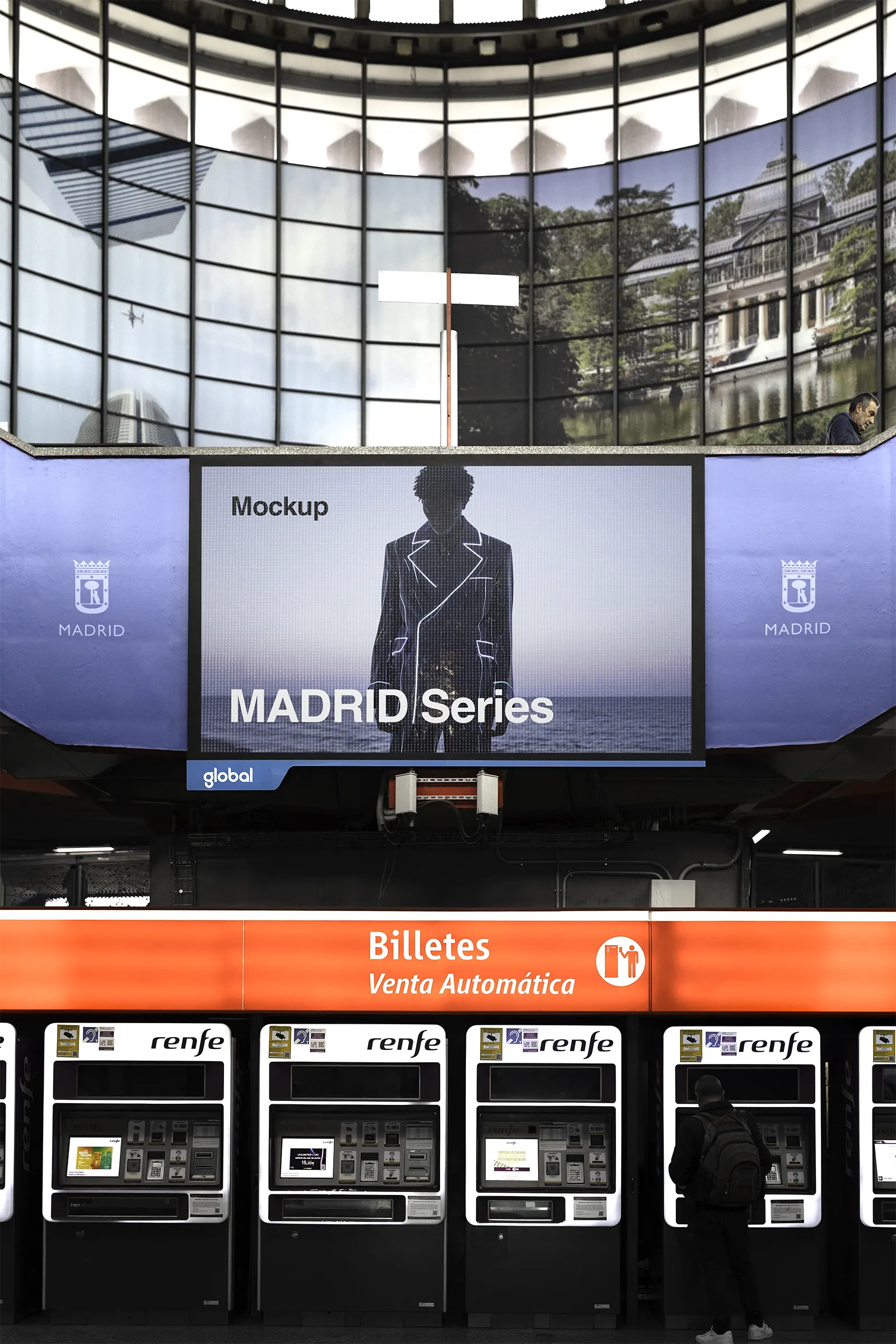 Billboard screen mockup in Atocha Station in Madrid, Spain - photoshop mockup for graphic designers SP24MAD018