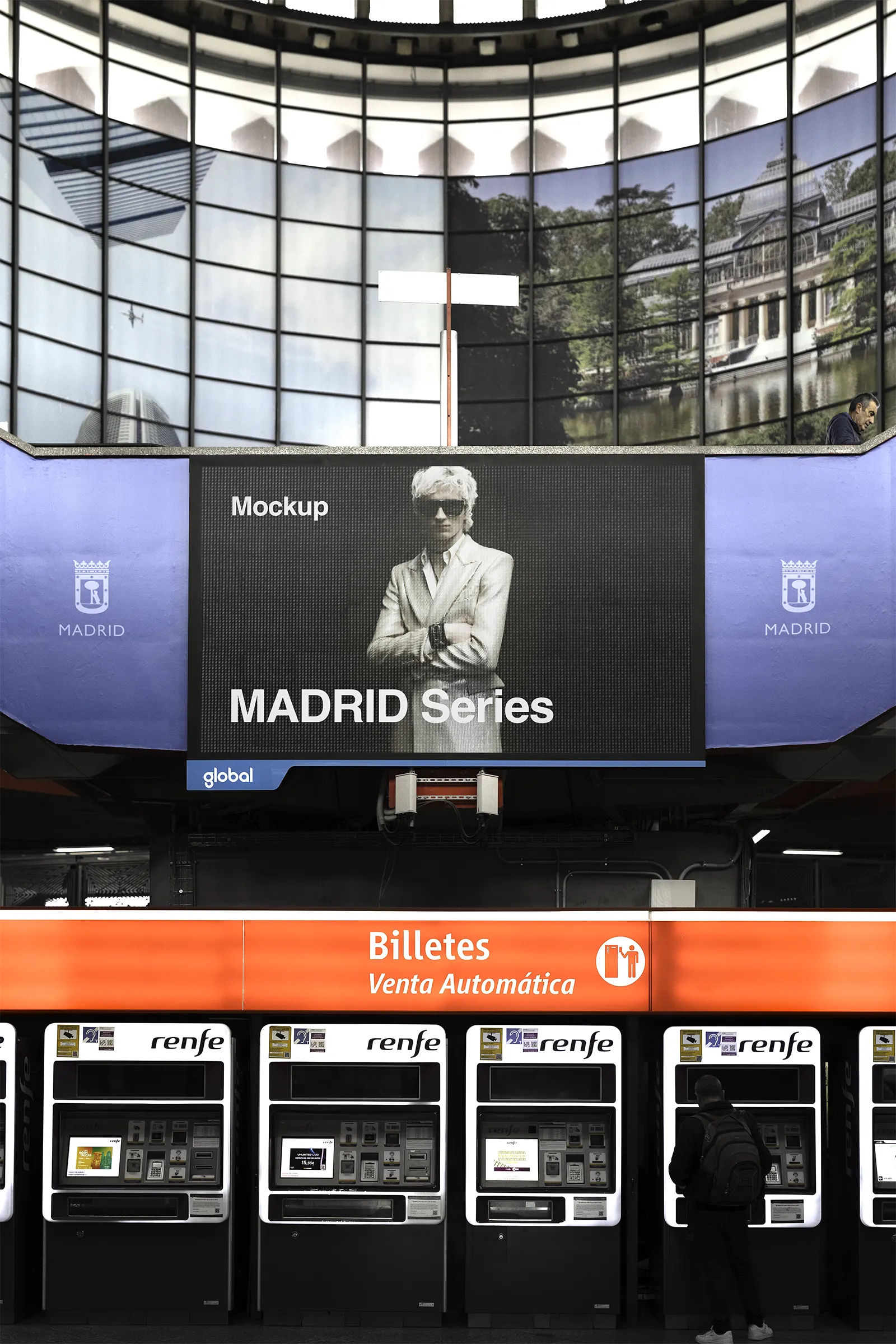 Billboard screen mockup in Atocha Station in Madrid, Spain - photoshop mockup for graphic designers SP24MAD018