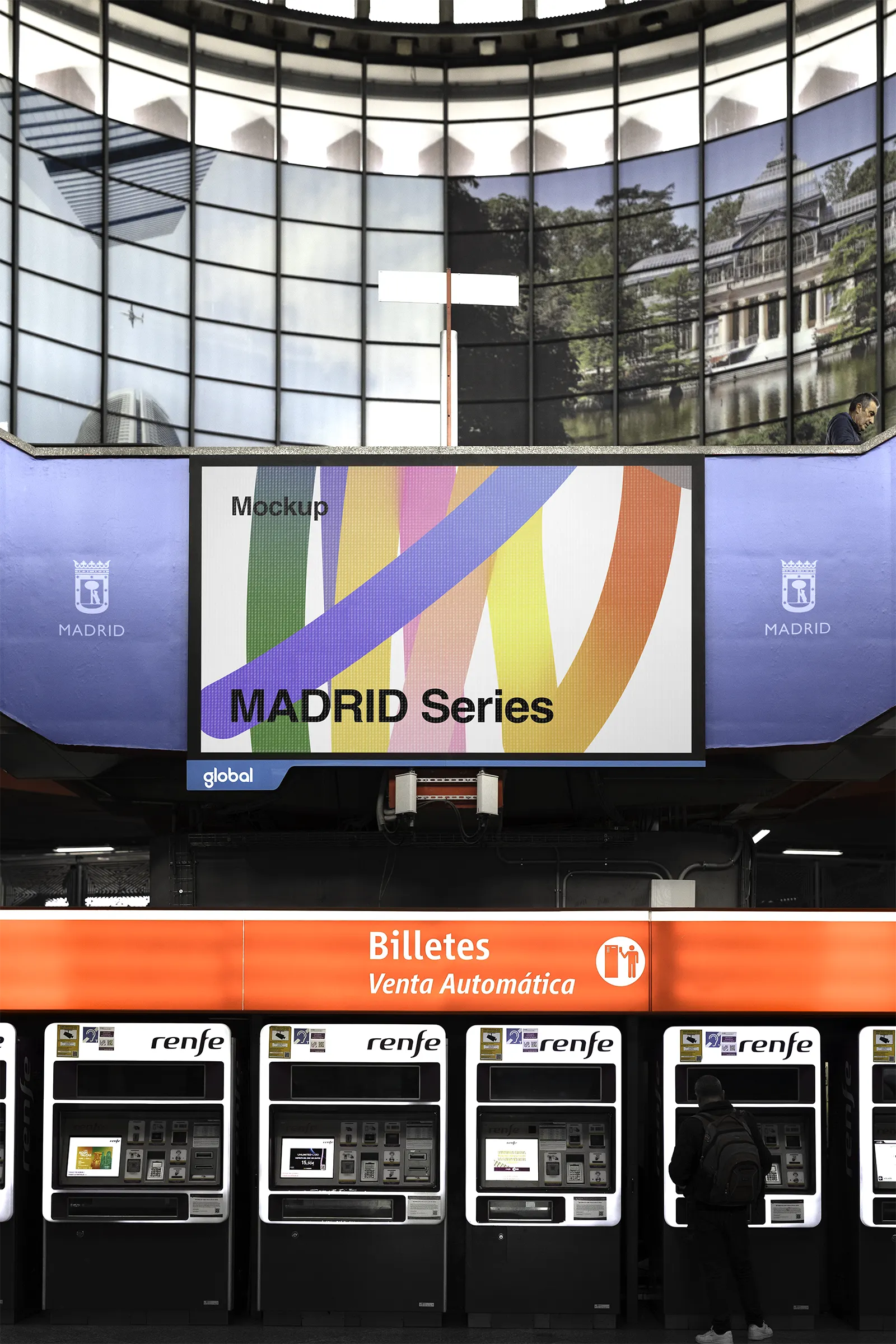 Billboard screen mockup in Atocha Station in Madrid, Spain - photoshop mockup for graphic designers SP24MAD018