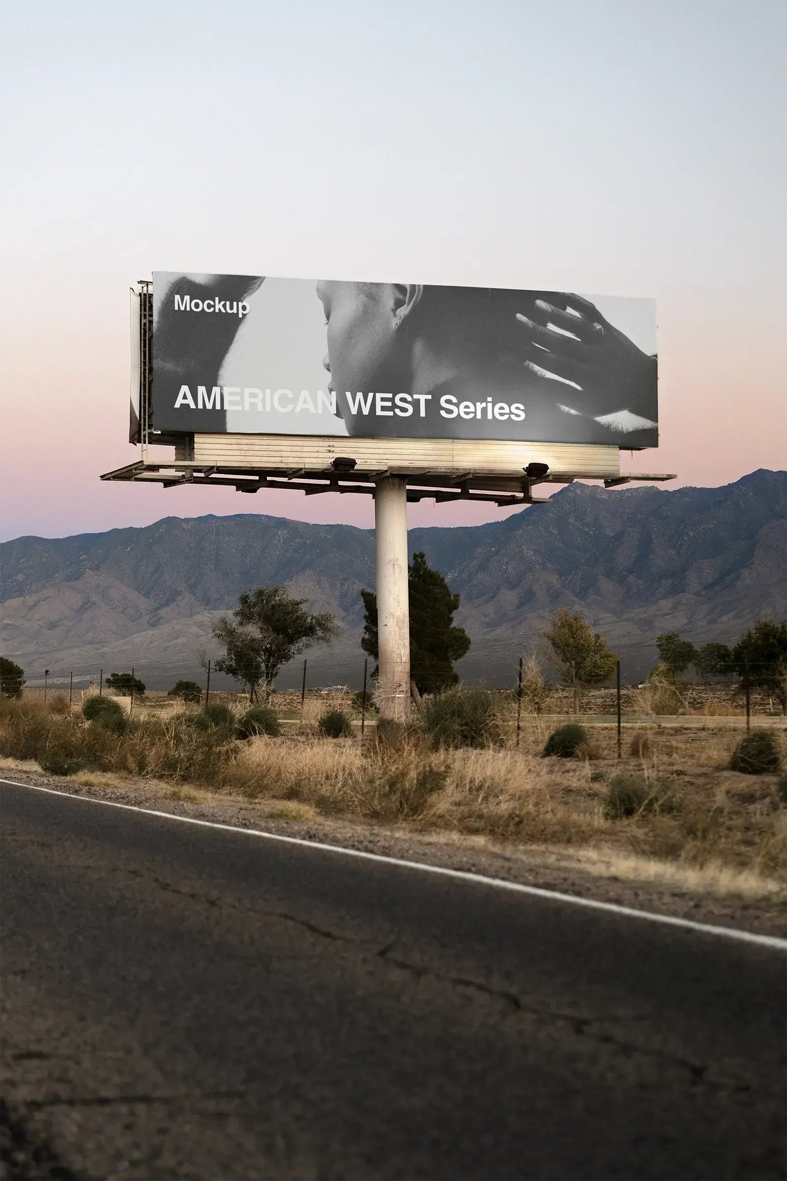 Billboard mockup by the Interstate 15 at dusk on the road to Las Vegas, American West, Nevada, United States - desert poster screen photoshop mockup for graphic design US23WEST0728