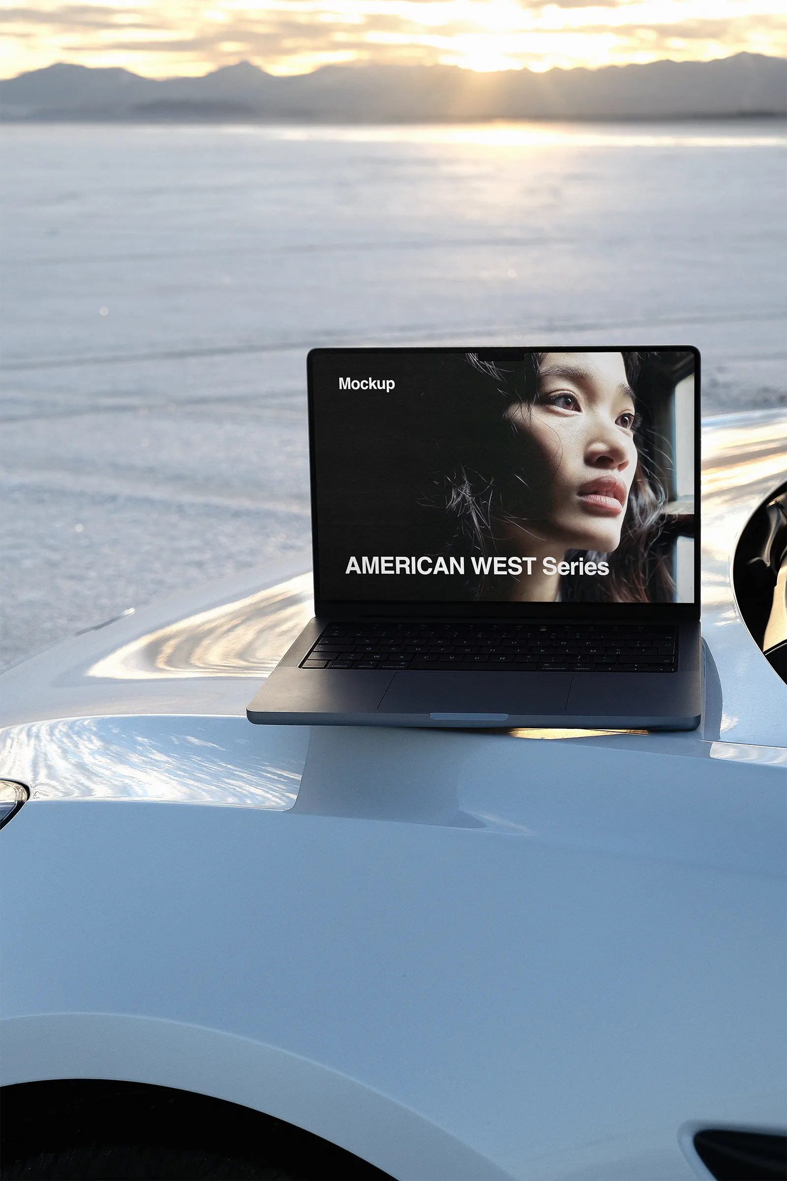 Laptop screen mockup in the salt desert on a Tesla car, Salt Lake City, Utah, United States - photoshop mockup for graphic design US23WEST1002