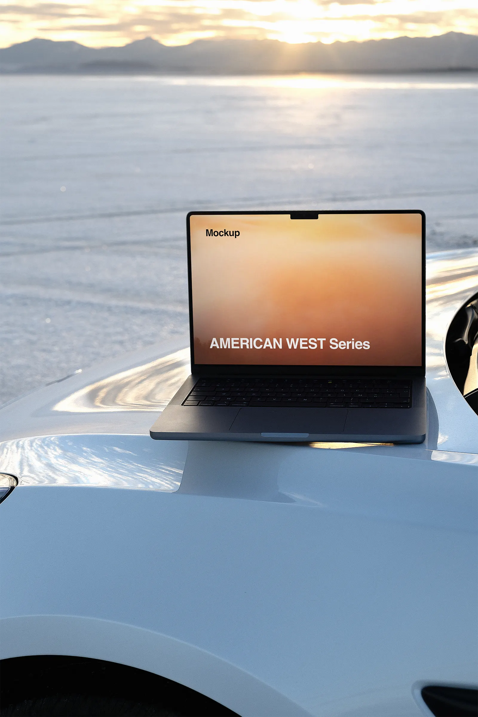Laptop screen mockup in the salt desert on a Tesla car, Salt Lake City, Utah, United States - photoshop mockup for graphic design US23WEST1002