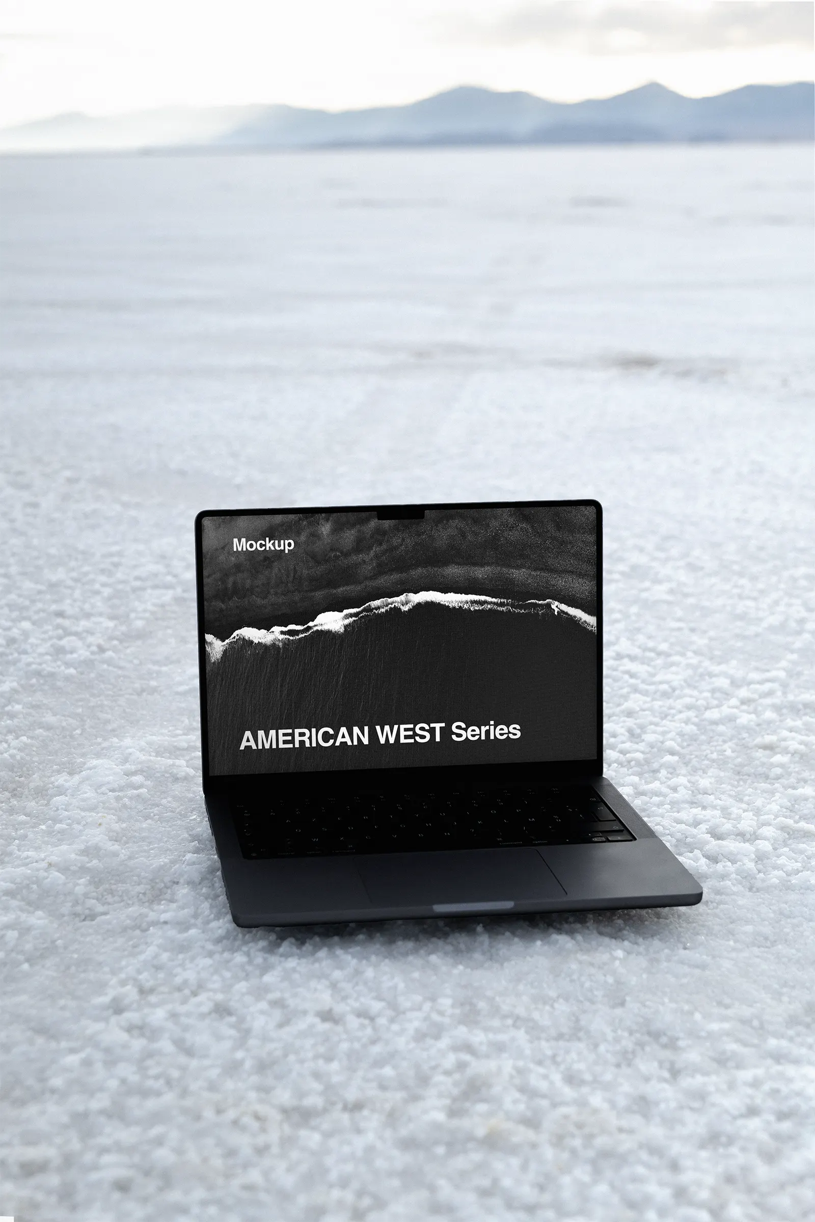 Laptop screen mockup in the salt desert, Salt Lake City, Utah, United States - photoshop mockup for graphic design US23WEST0951