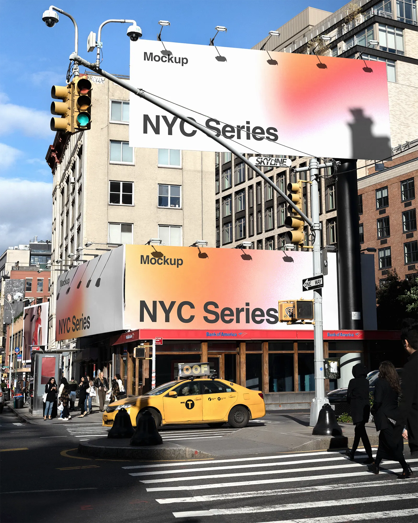 Billboard poster mockups on a building in New York City, Manhattan, United States - NY poster screen photoshop mockup for graphic design US23NY0454