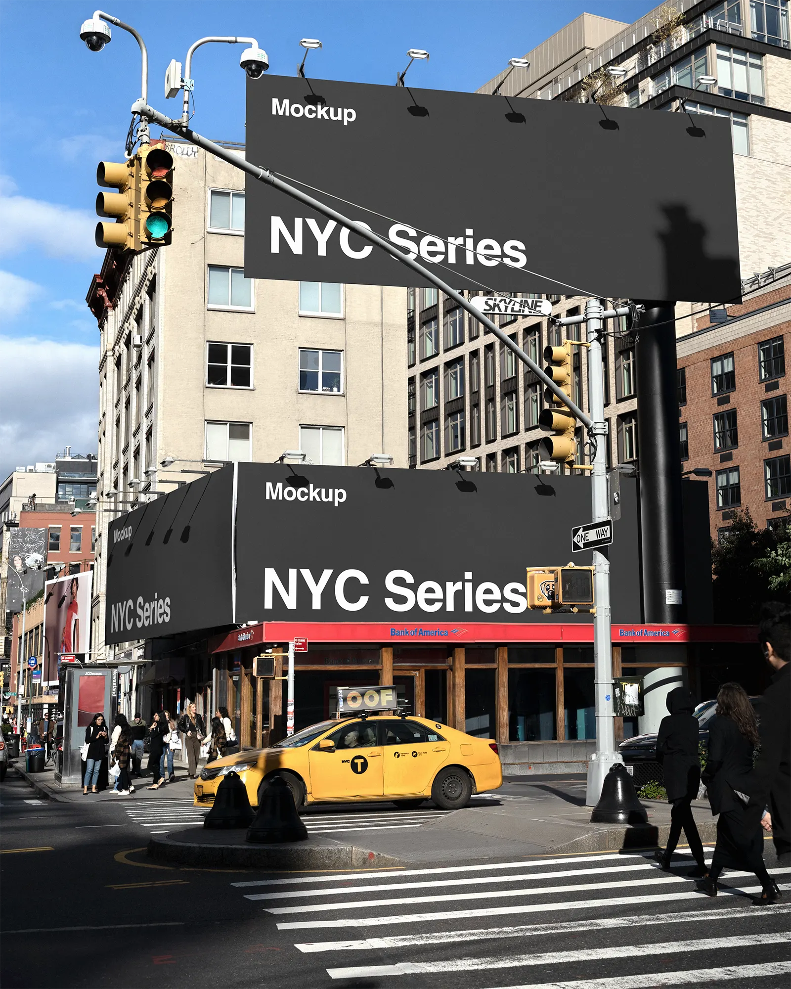 Billboard poster mockups on a building in New York City, Manhattan, United States - NY poster screen photoshop mockup for graphic design US23NY0454